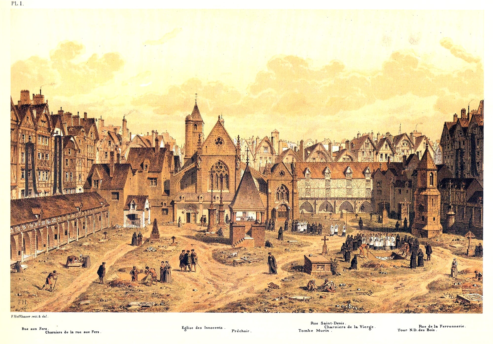 A coloured engraving of a busy medieval cemetery with a Gothic church, arcaded galleries along its walls, open graves and a funeral procession, surrounded by tall timber houses