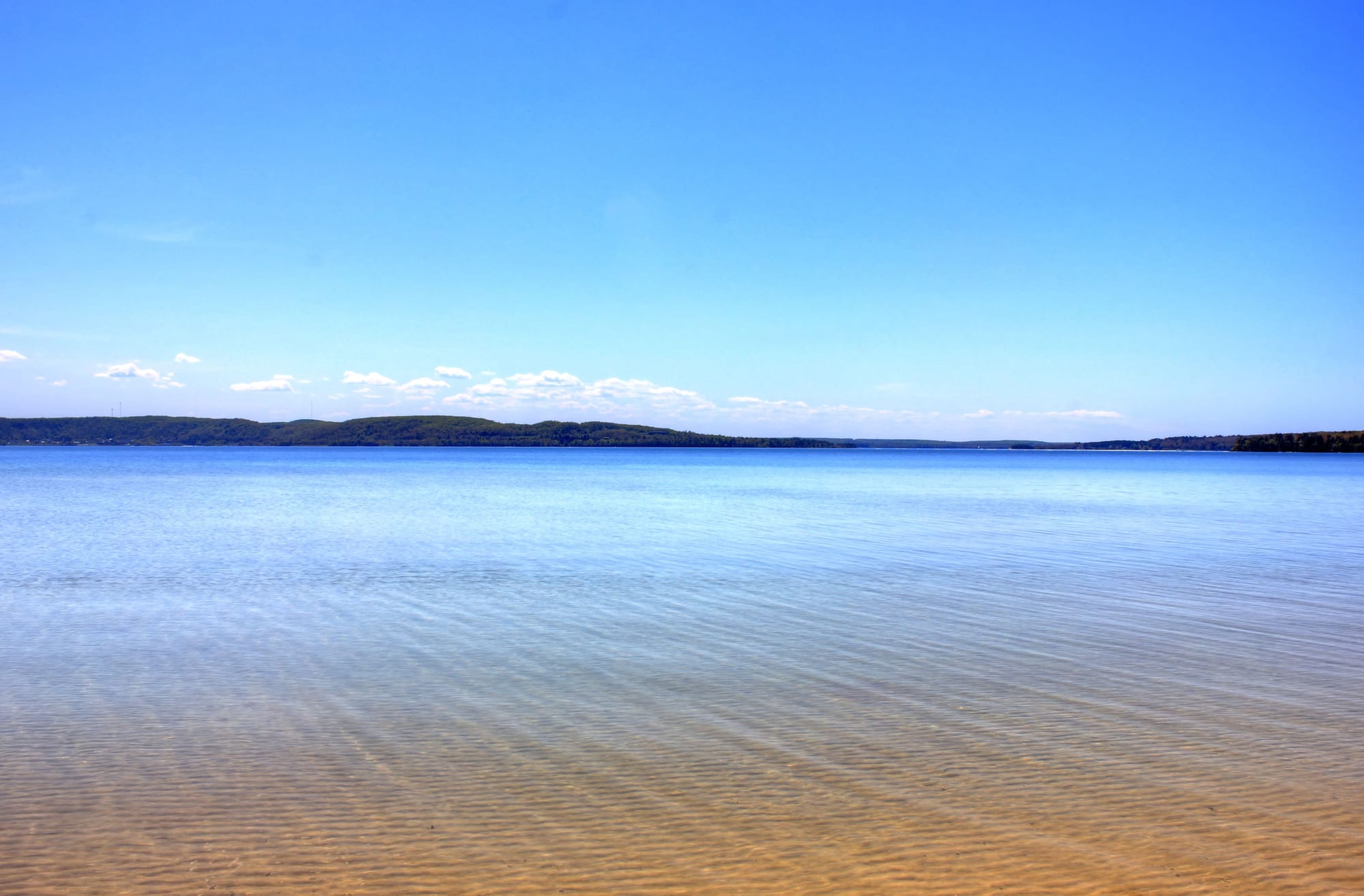 Clear, shallow water over a rippled sandy bottom, stretching to a low wooded shore under a bright blue sky