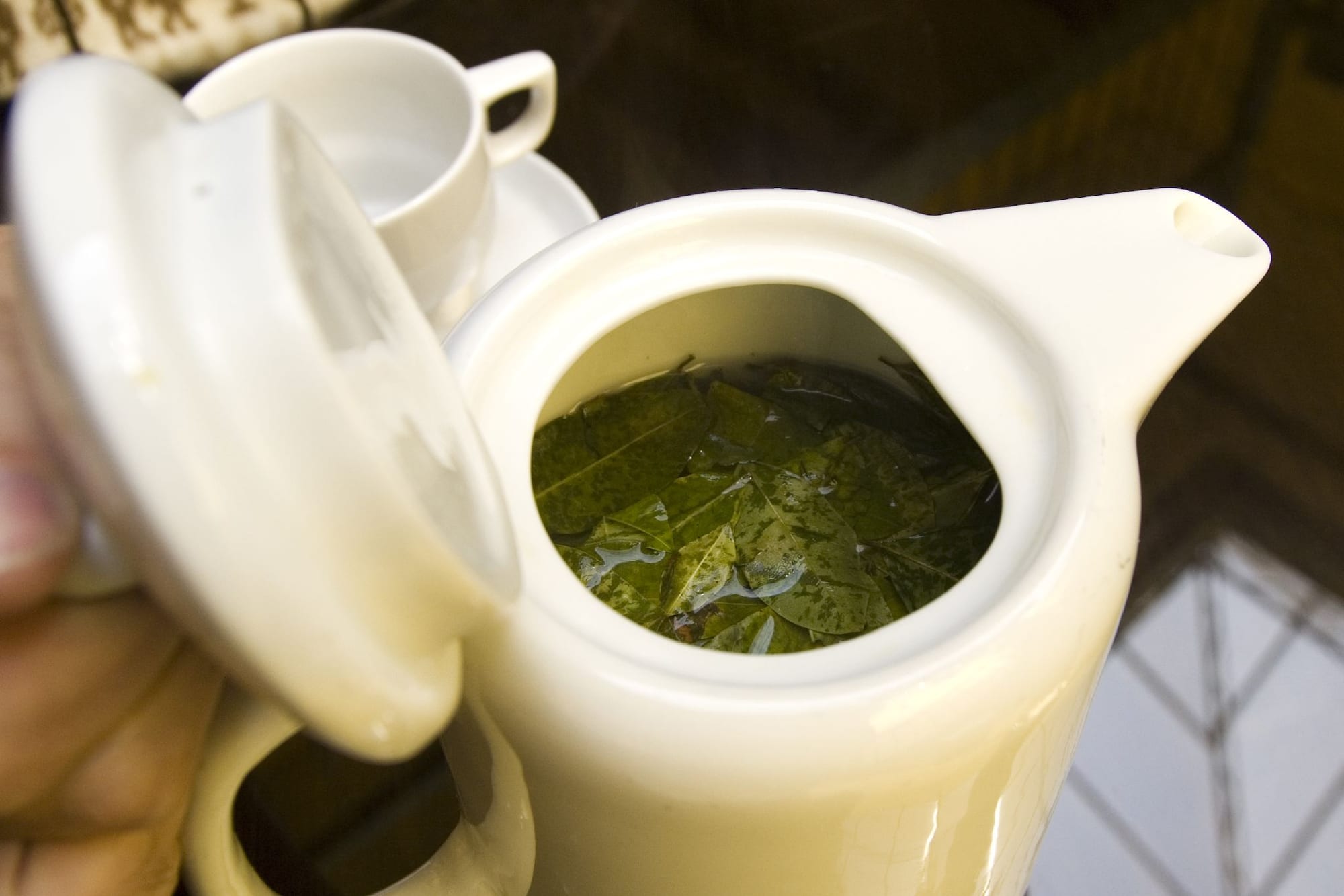 An open white teapot filled with whole green leaves steeping in hot water, beside a white cup and saucer