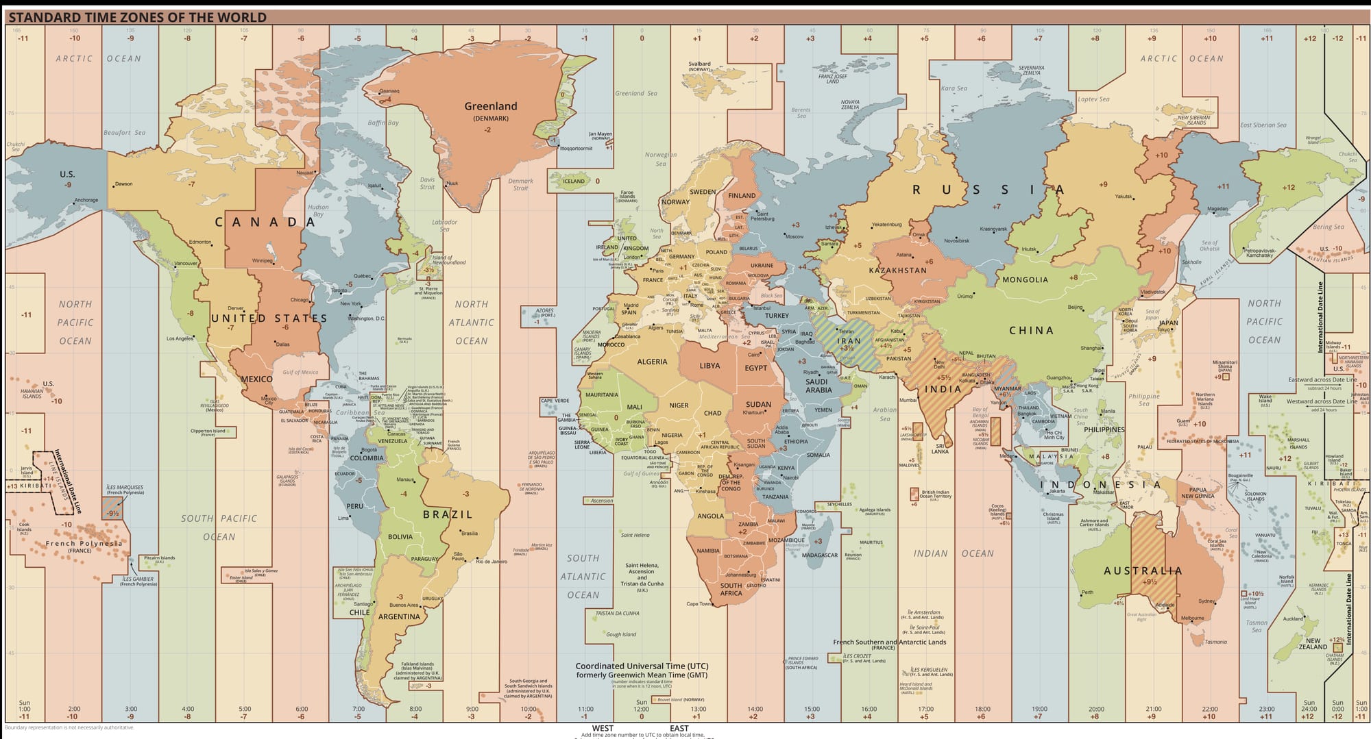 A coloured world map divided into vertical bands, each labelled with its offset in hours from Coordinated Universal Time