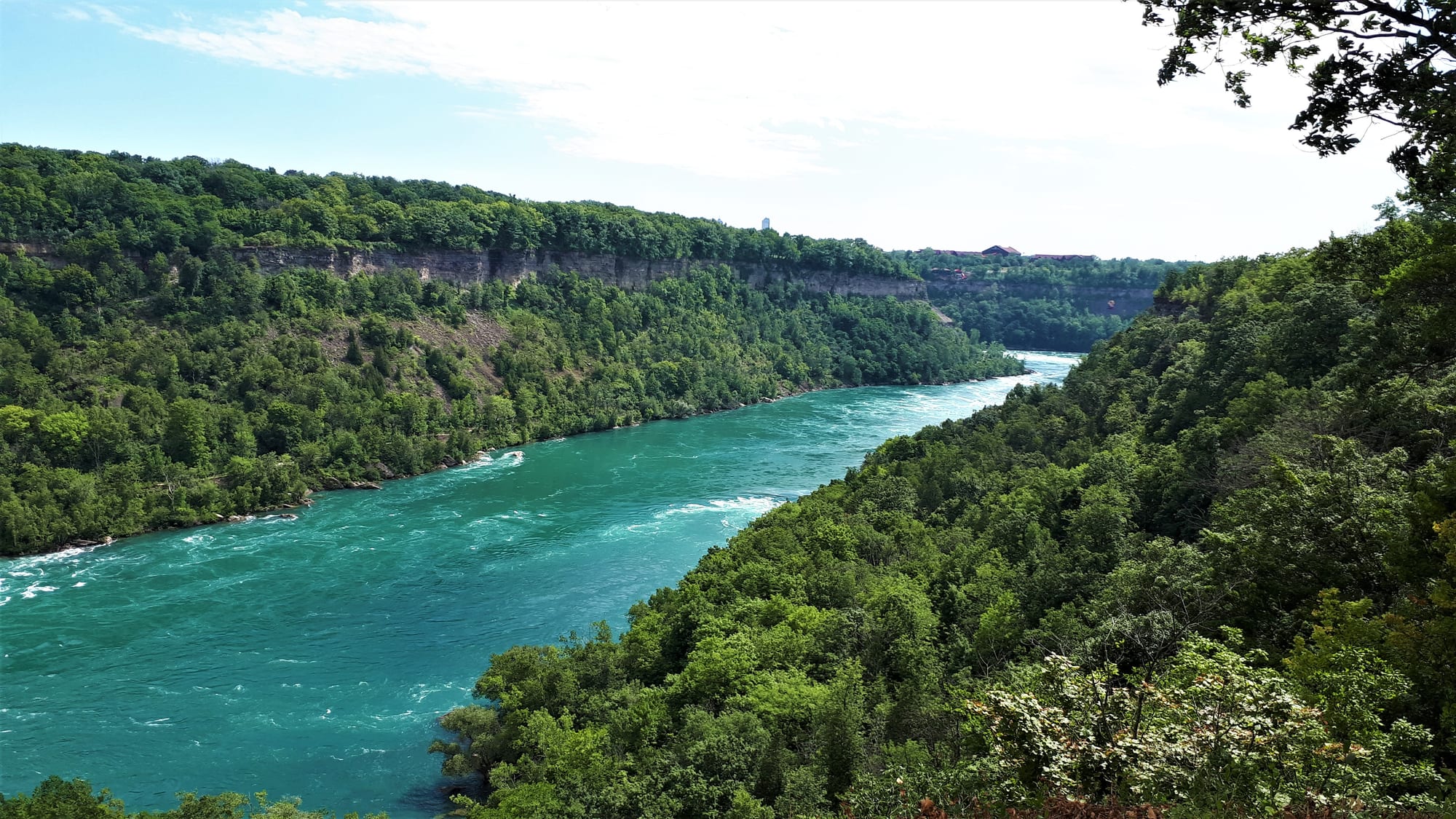 A broad turquoise river running fast between steep, tree-covered cliffs topped by a band of grey rock