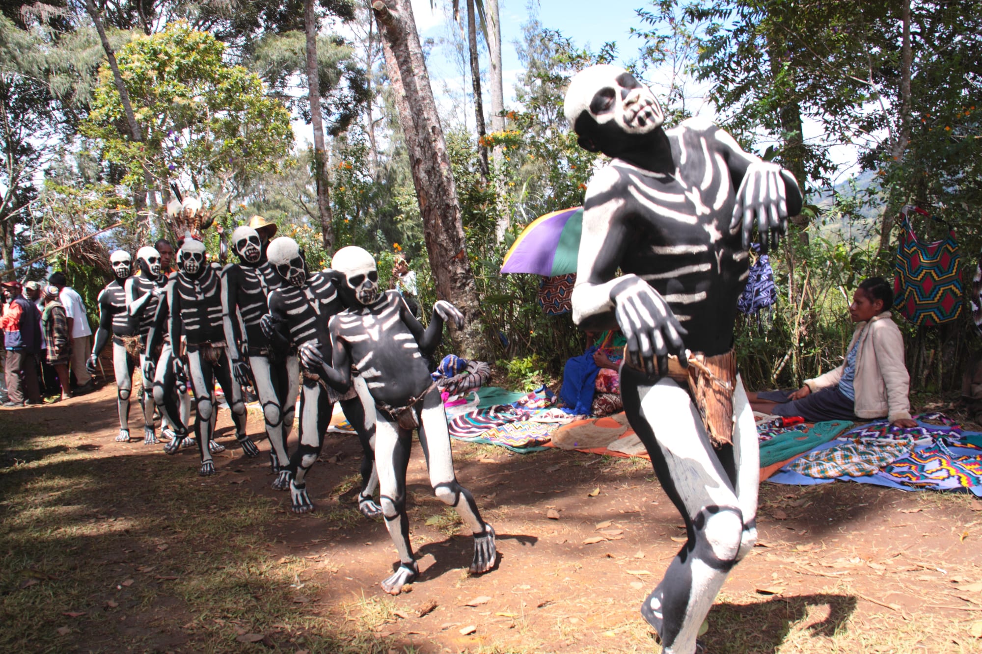 A line of dancers in black body paint with white skeleton markings and skull masks performing on a dirt path