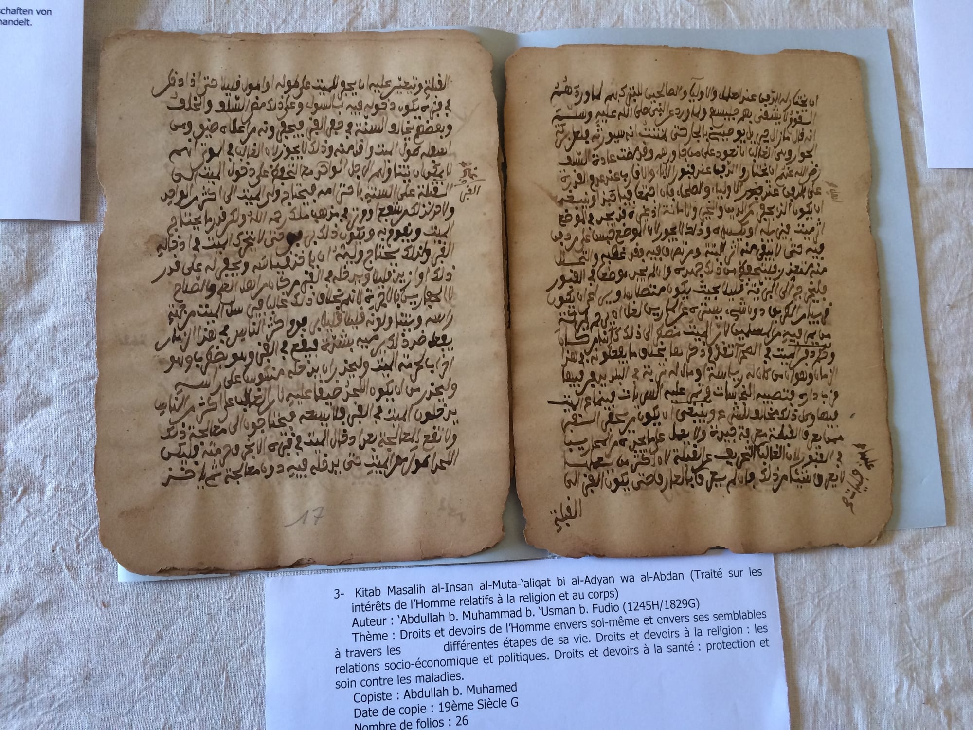 Two pages of a handwritten Arabic manuscript laid open on a table above a typed catalogue label
