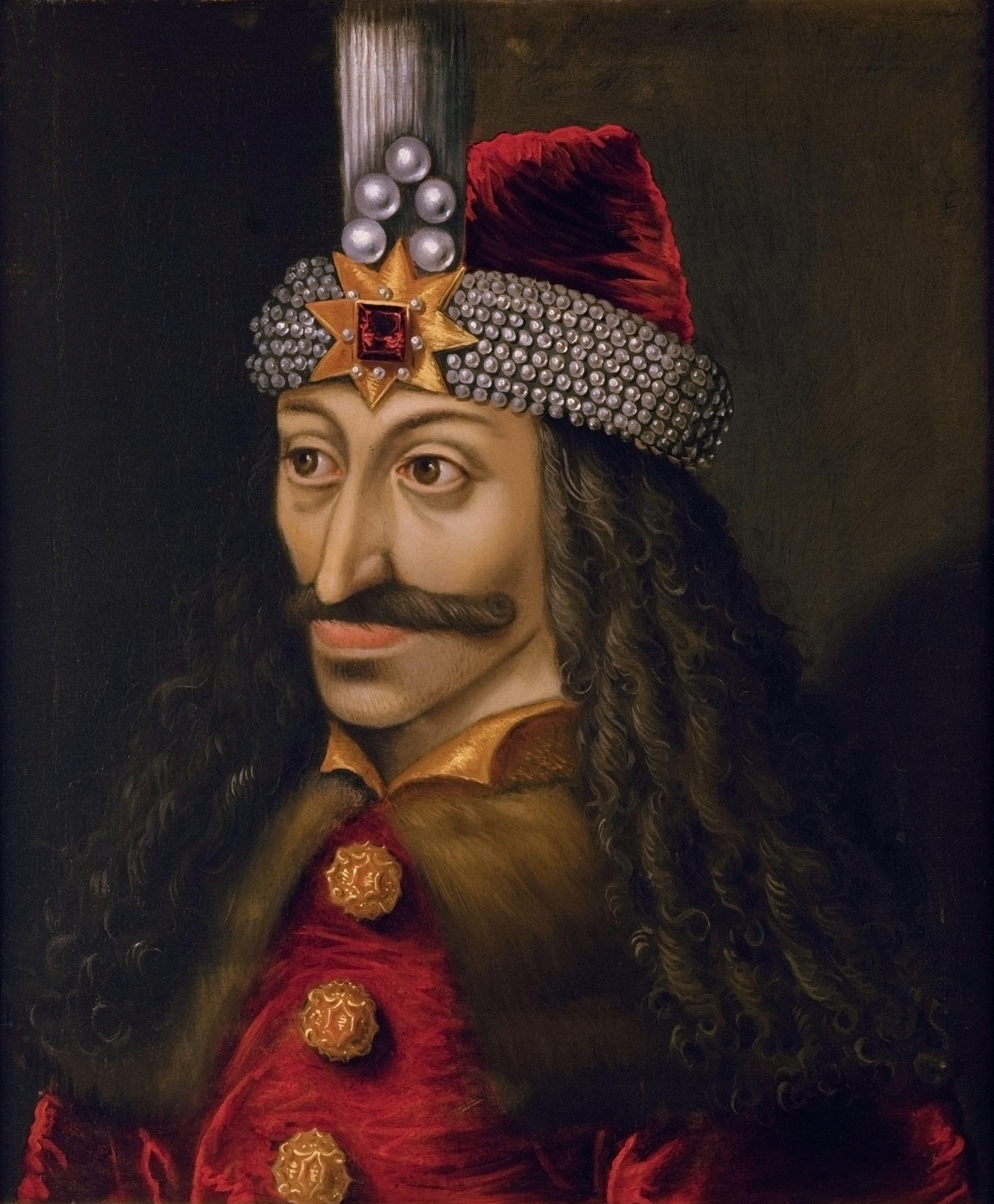 A painted portrait of a man with a long drooping moustache, long dark curly hair and a red cap set with pearls and a gold star-shaped jewel