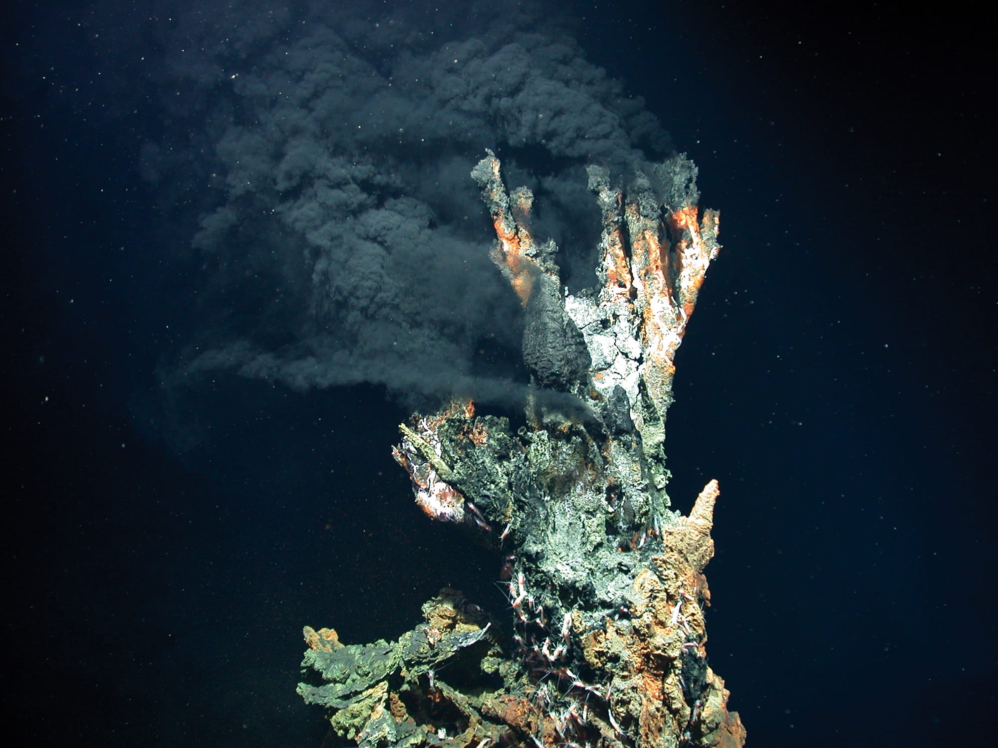 A jagged mineral chimney on the dark sea floor billowing clouds of black smoke-like fluid