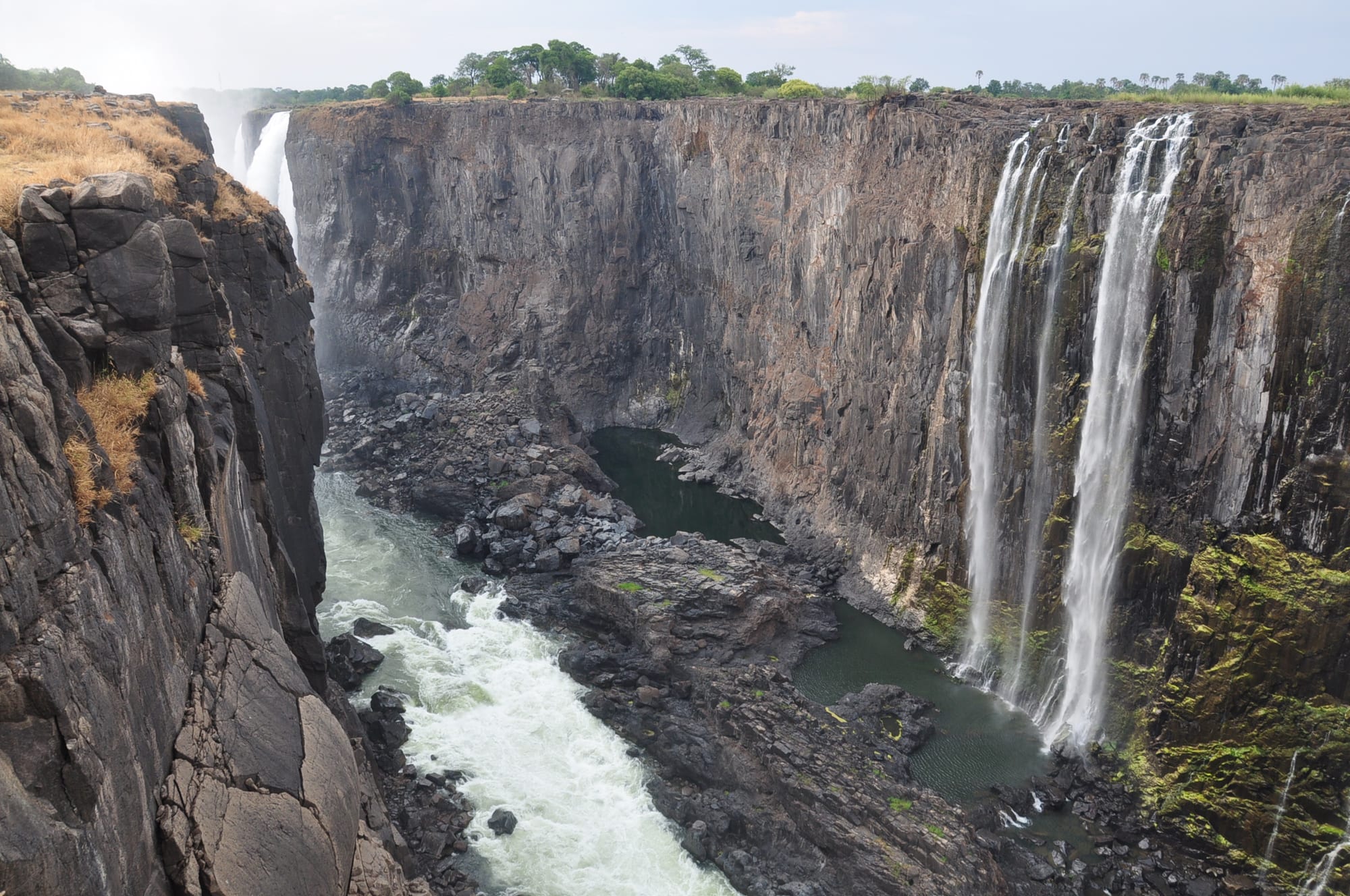 A deep gorge of dark basalt with only a few thin ribbons of water falling down a mostly bare cliff into green pools