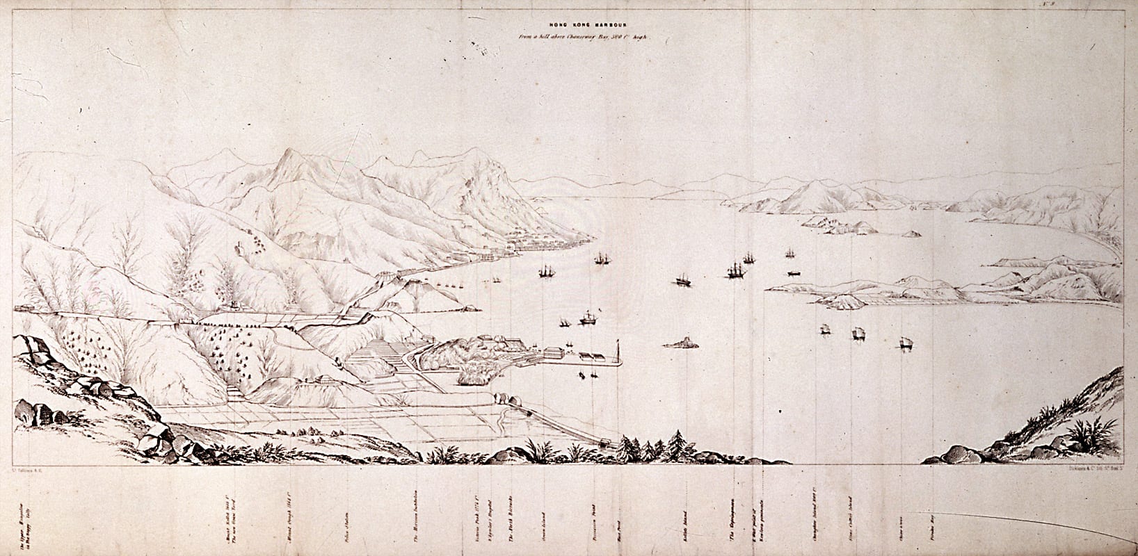 A detailed 19th-century drawing of a wide harbour dotted with sailing ships, with a small settlement and hills in the foreground