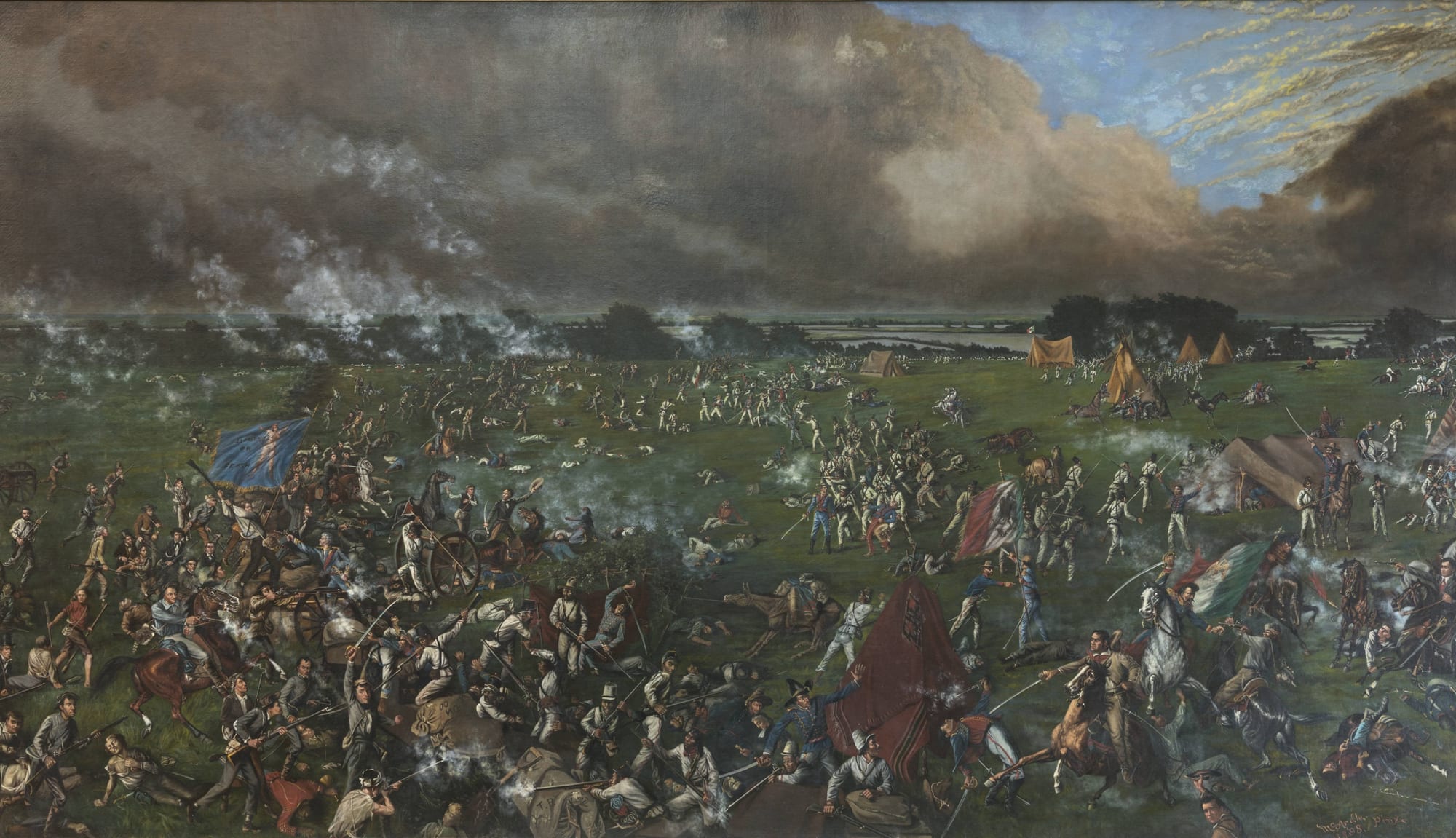 A large painting of a chaotic battle on open grassland, with soldiers, horsemen, flags and gun smoke under a stormy sky and tents in the distance