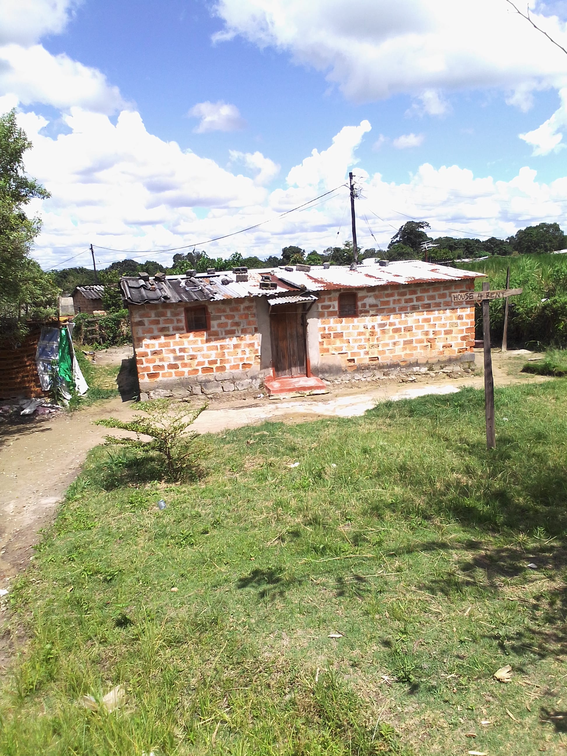 A single-storey brick house with a corrugated iron roof standing in a grassy plot in a Zambian township