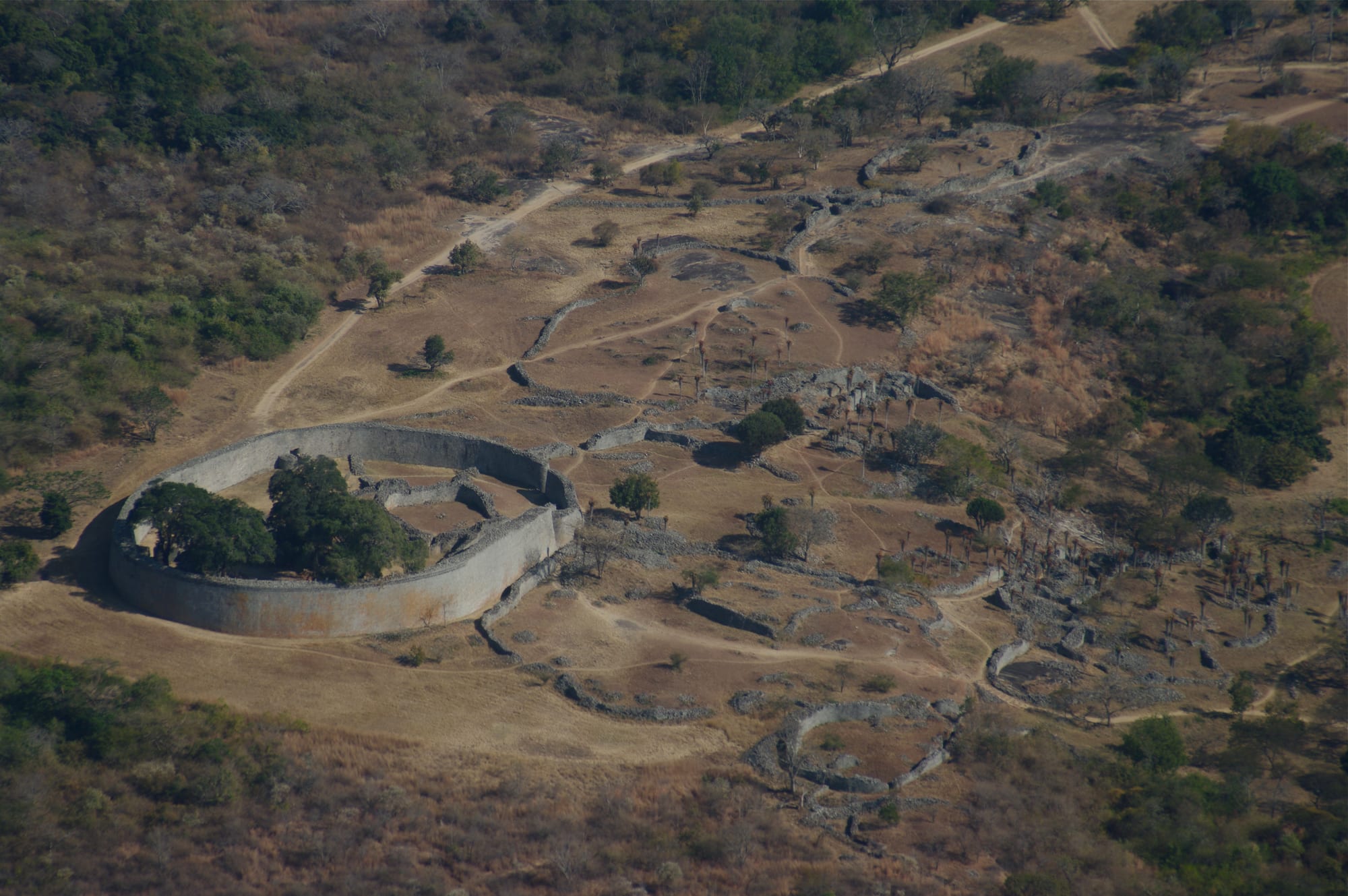 Extensive ancient stone wall ruins seen from above