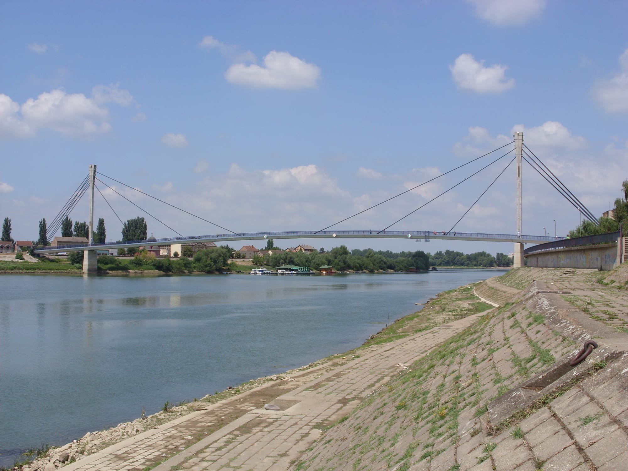 A slender cable-stayed footbridge spanning the wide, calm Sava river, with a paved embankment in the foreground under a blue sky