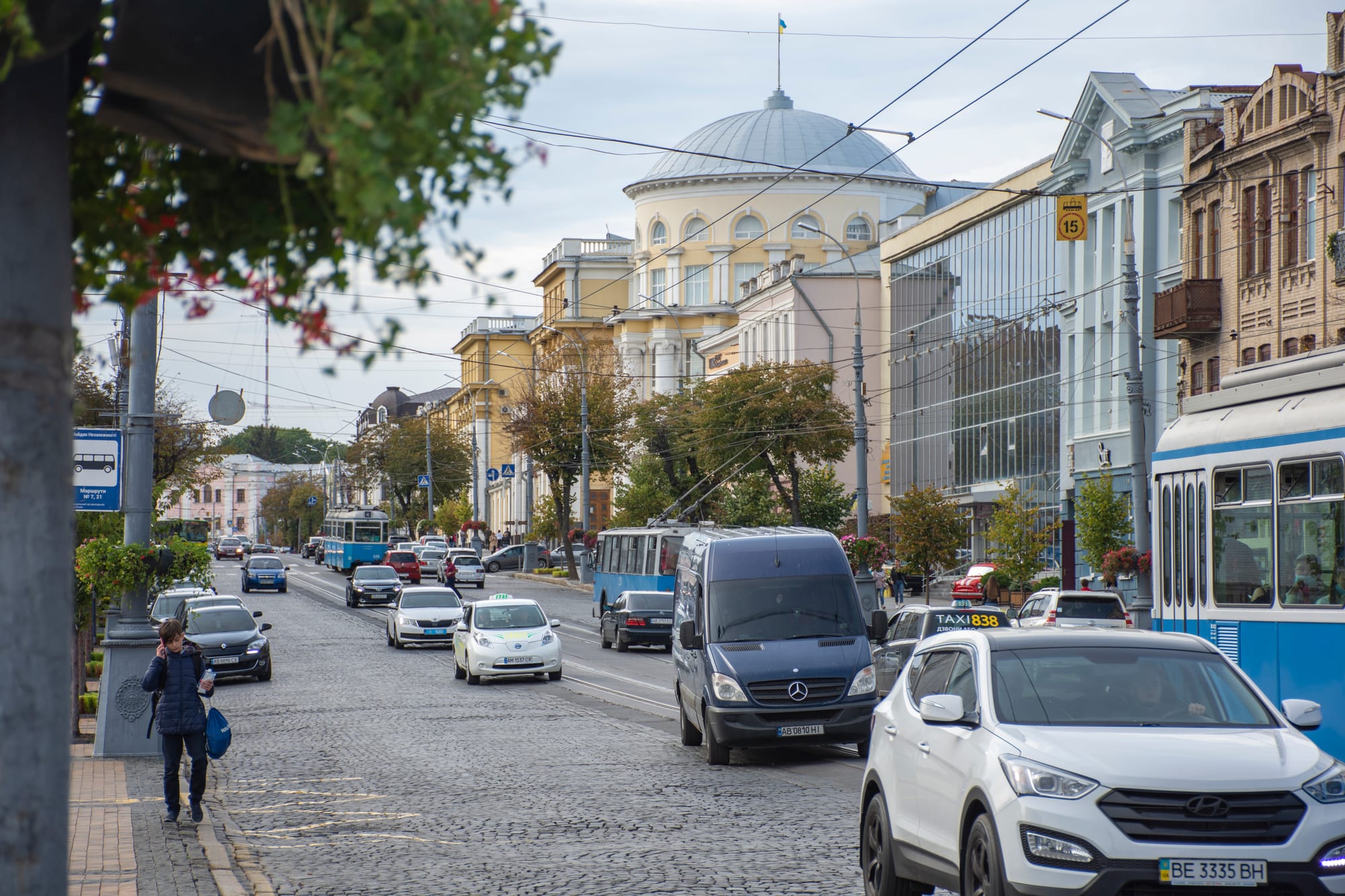 A cobbled main street with blue trams, cars and overhead wires, lined with trees and a domed yellow building