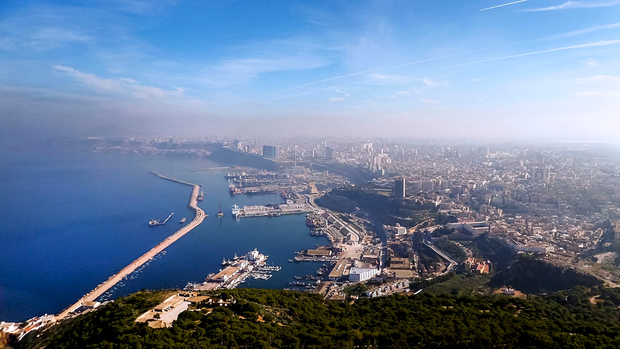 Aerial view over pine trees to the port of Oran, its long breakwater and the city spreading along the bay under light haze
