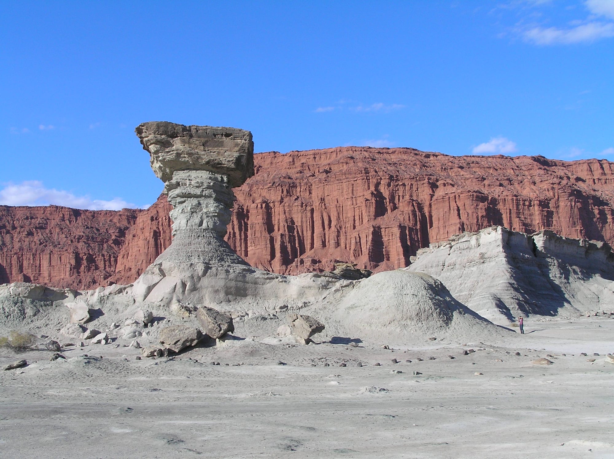 A pale mushroom-shaped rock pillar on grey desert ground in front of tall red sandstone cliffs under a blue sky
