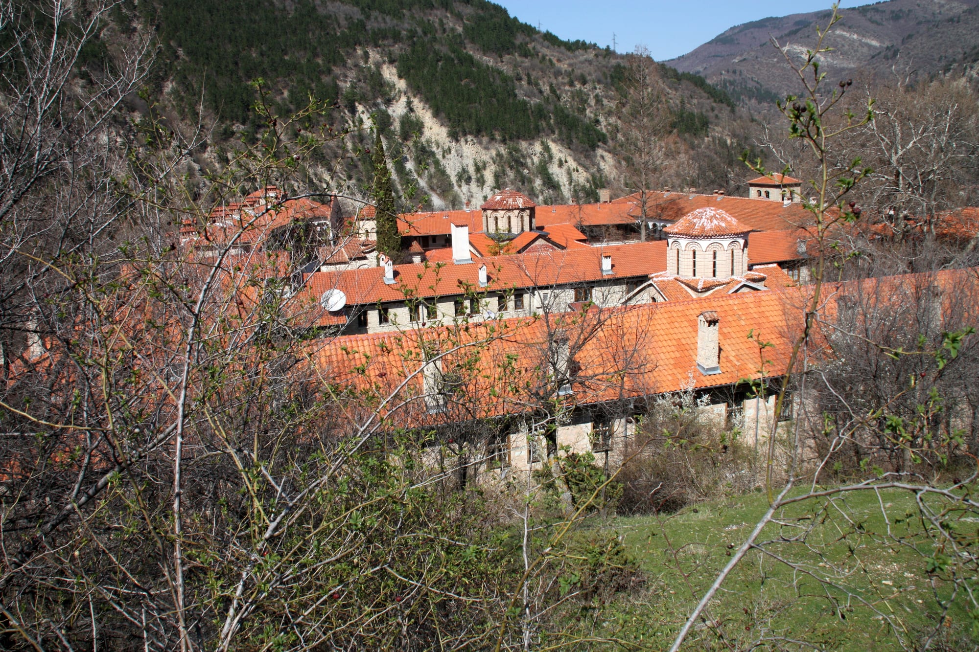 Red-tiled roofs and a small domed chapel of a monastery in a wooded valley, with rocky mountain slopes behind