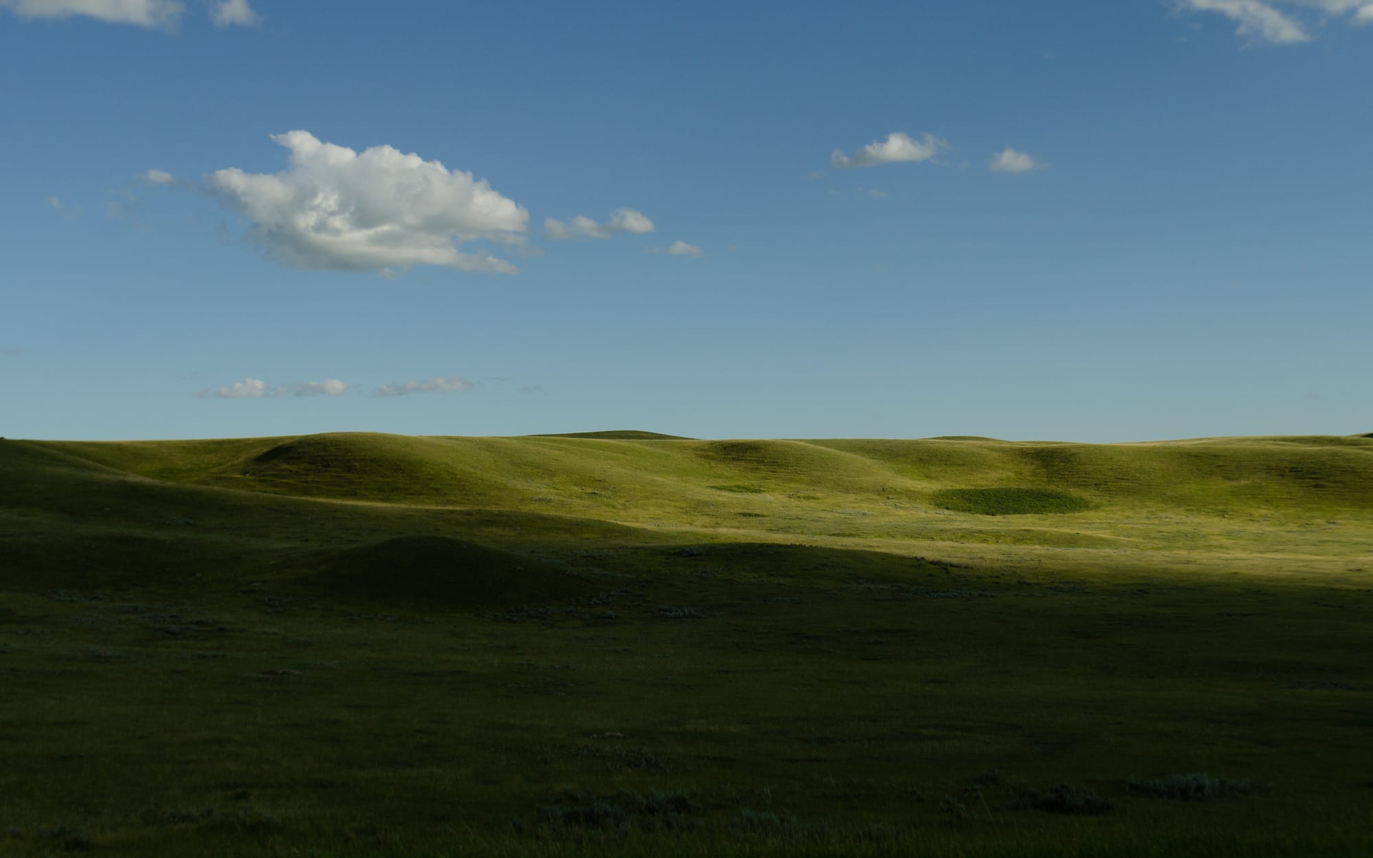 Rolling green grass-covered hills under a blue sky with small white clouds, half in the shadow of a cloud