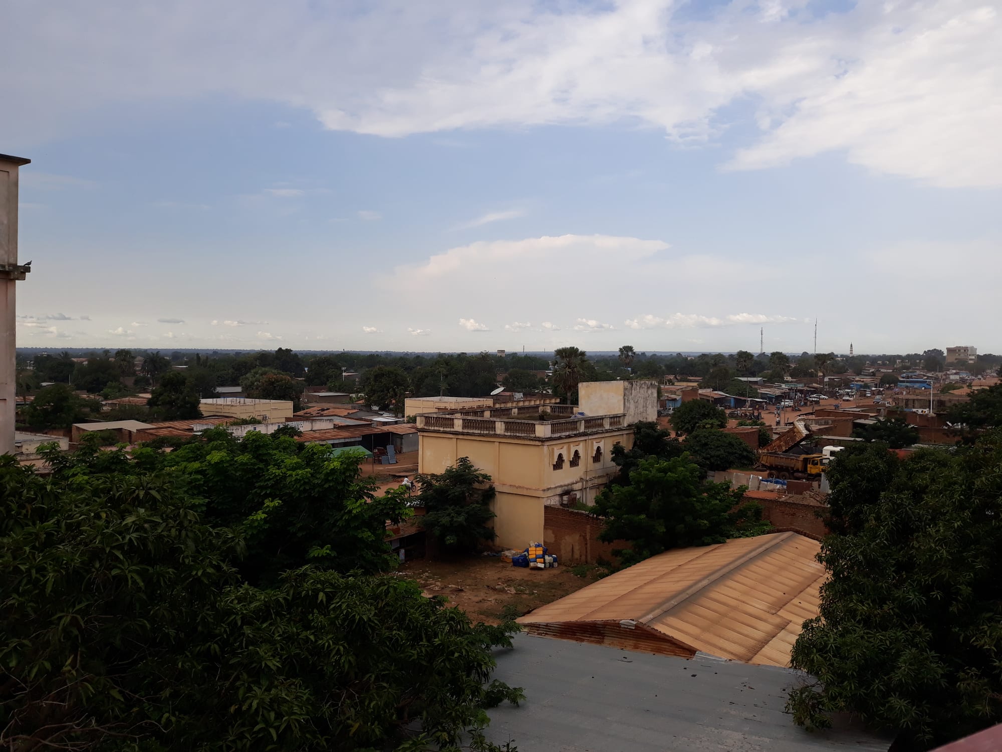 Rooftop view over the low buildings, tin roofs and leafy trees of Moundou, stretching to a flat wooded horizon