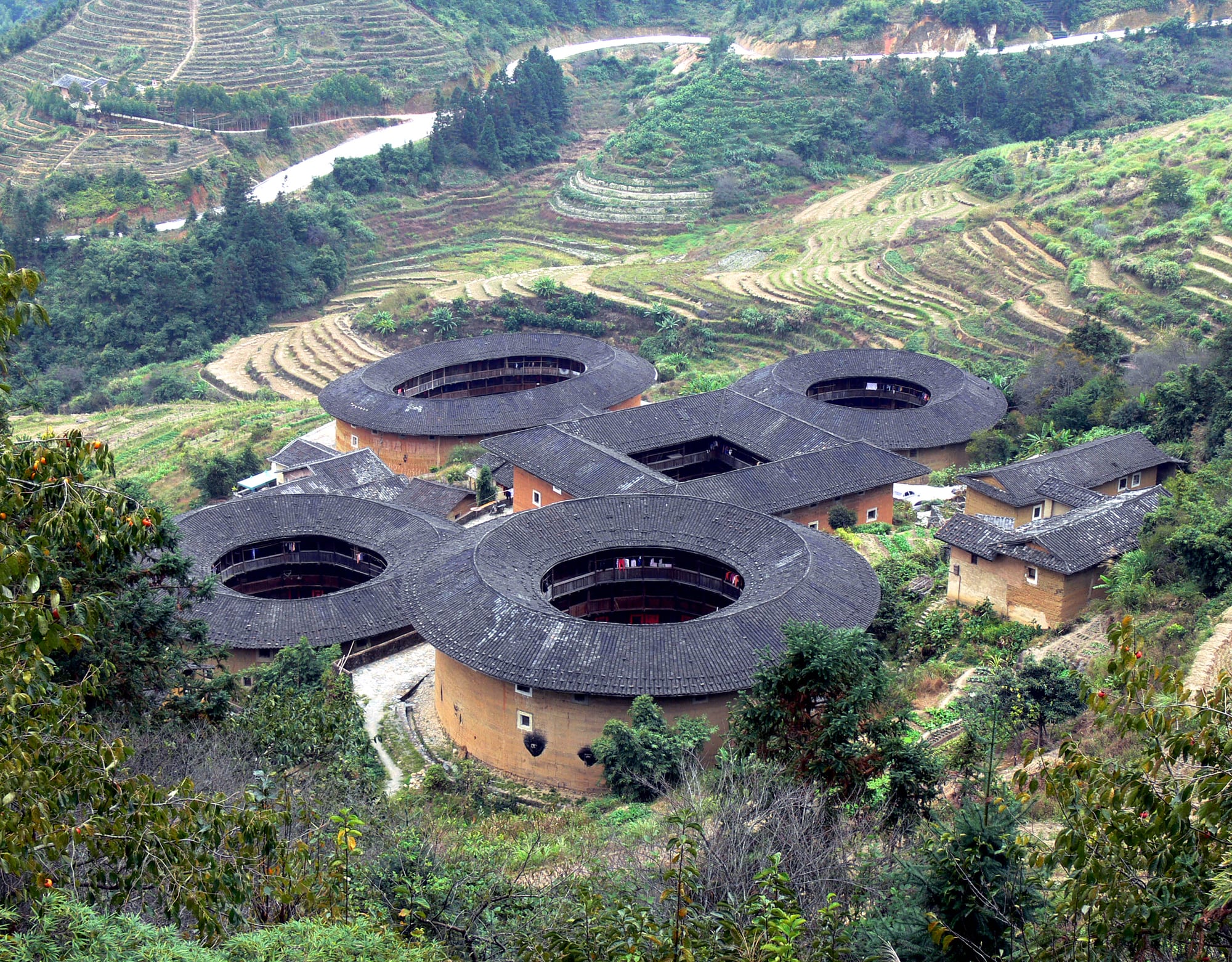 Four round and one square earthen tulou with dark tiled roofs among terraced green hillsides