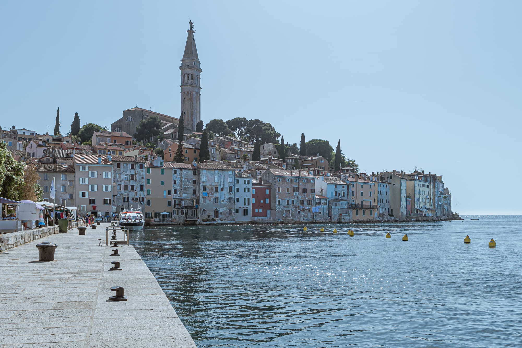 Pastel houses of Rovinj's old town rising from the sea to the tall bell tower of St Euphemia, seen from a stone quay