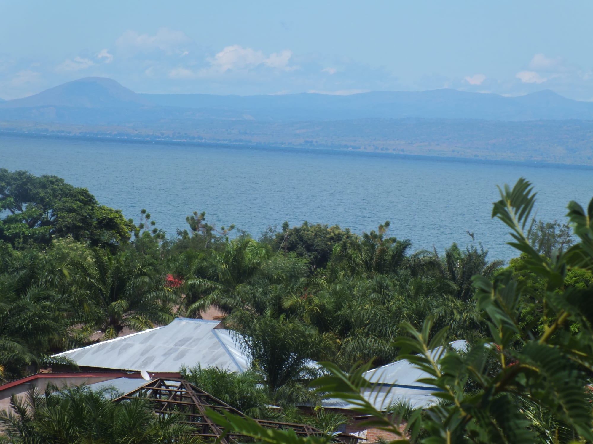 A wide blue lake seen over palm trees and metal roofs, with hazy mountains on the far shore