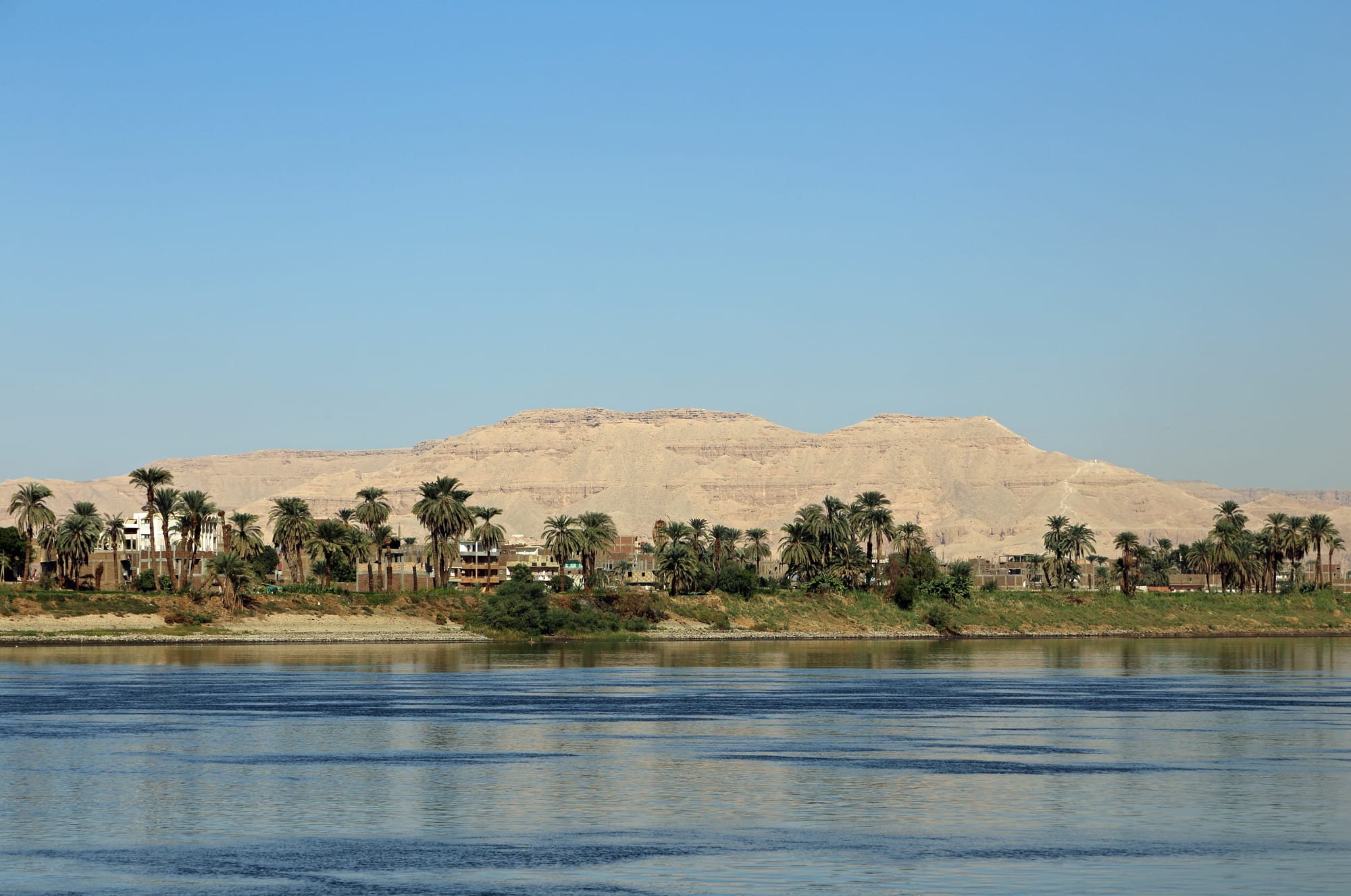 The calm Nile in front of a line of palm trees and houses, with pale desert cliffs rising behind under a clear sky