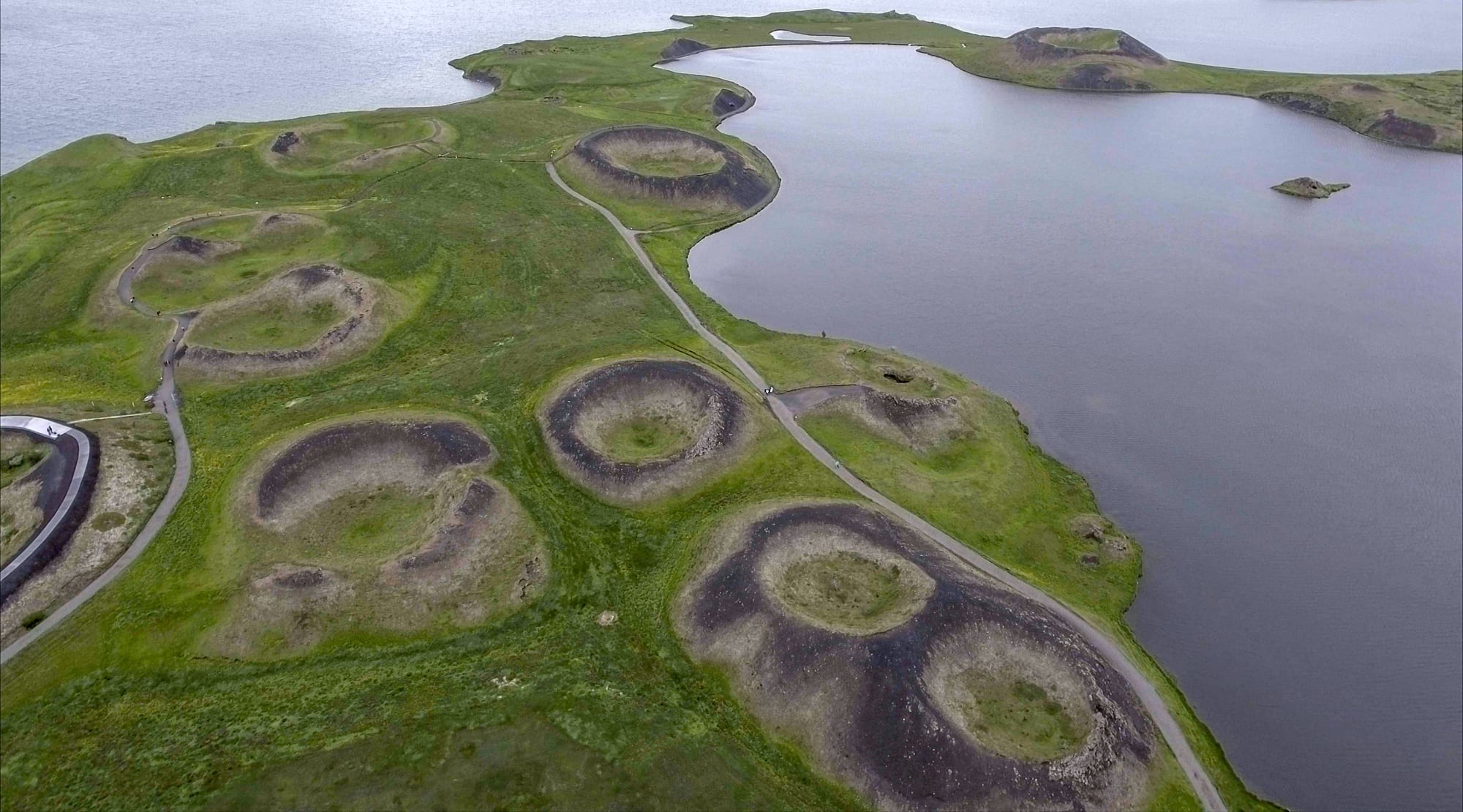 Aerial view of grassy pseudocraters with dark rims on a green headland in Lake Mývatn, linked by winding footpaths