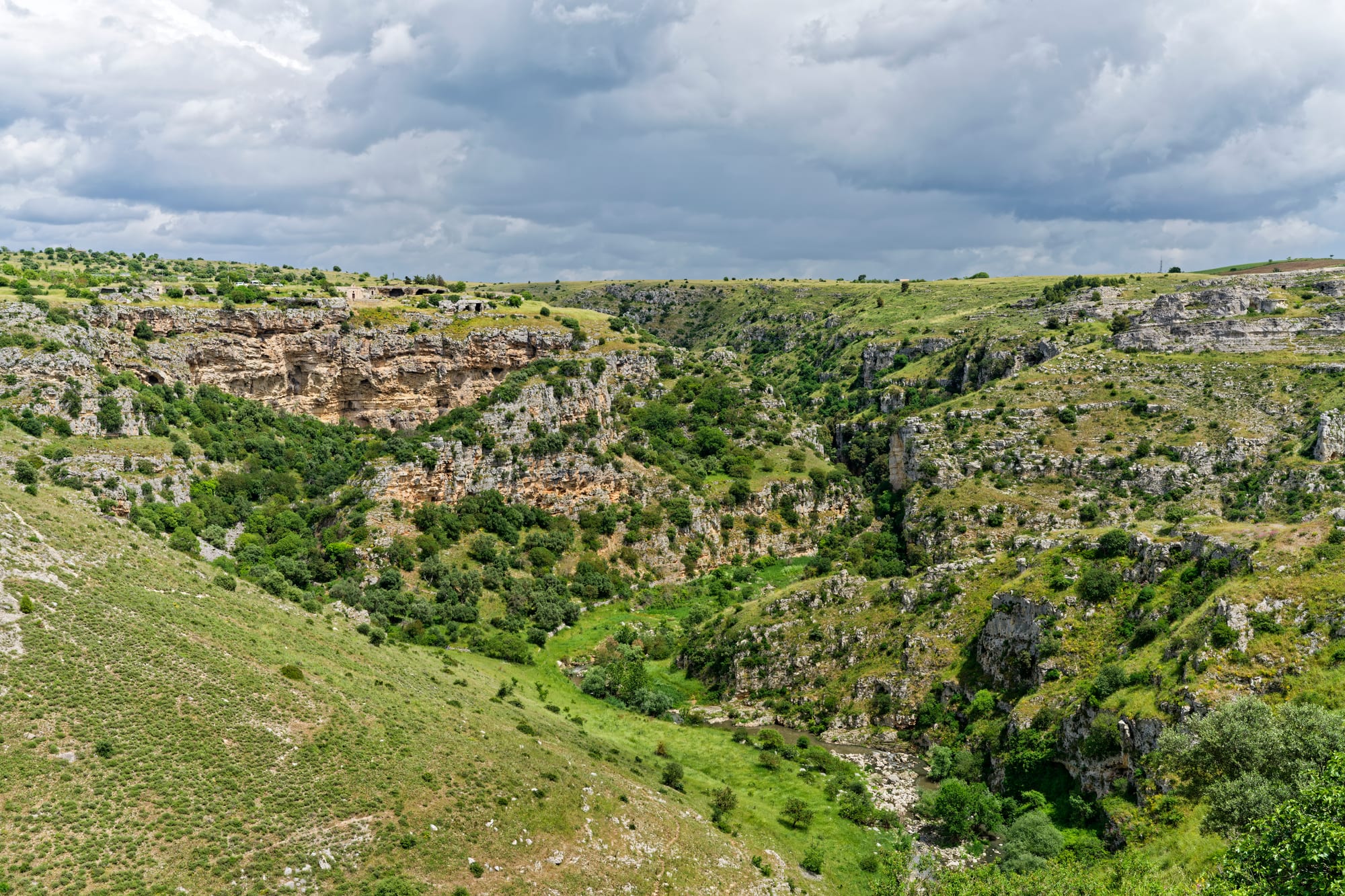 A green limestone ravine with pale cliffs pocked by cave openings under a heavy, cloudy sky