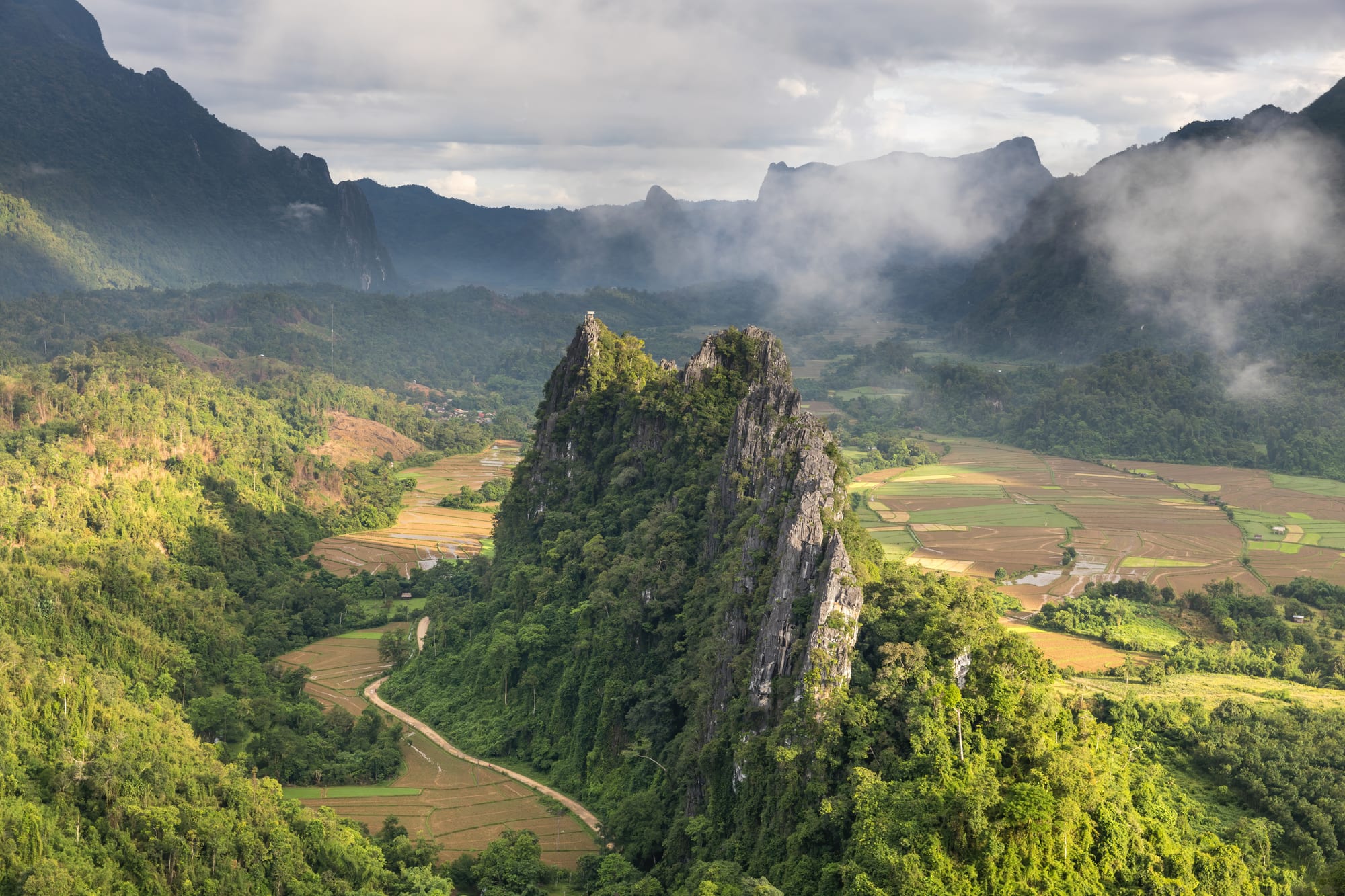 A steep forested limestone pinnacle rising above rice fields, with misty karst ridges behind under a grey sky