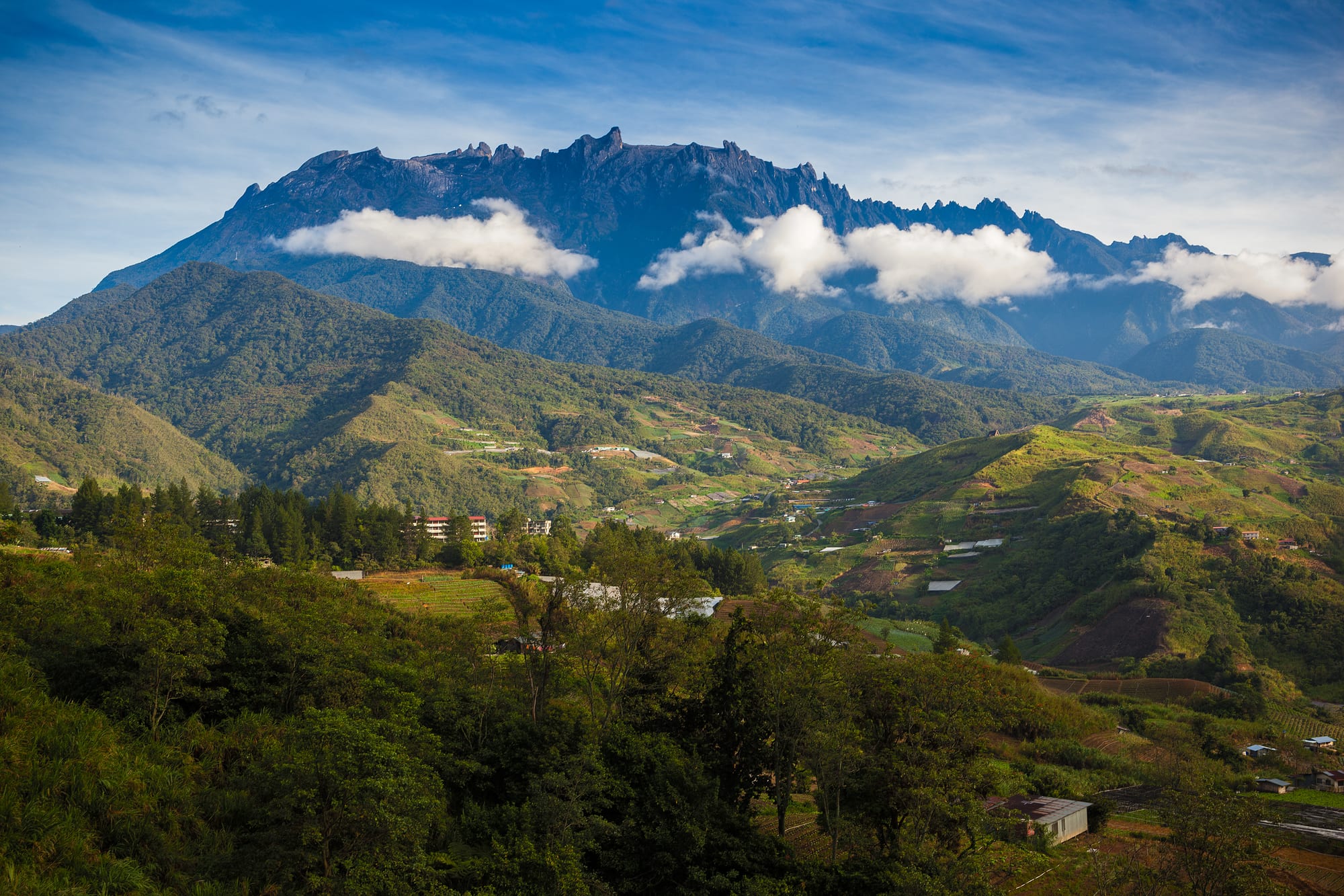 The jagged granite summit of Mount Kinabalu above green forested hills, farmland and scattered houses in morning light