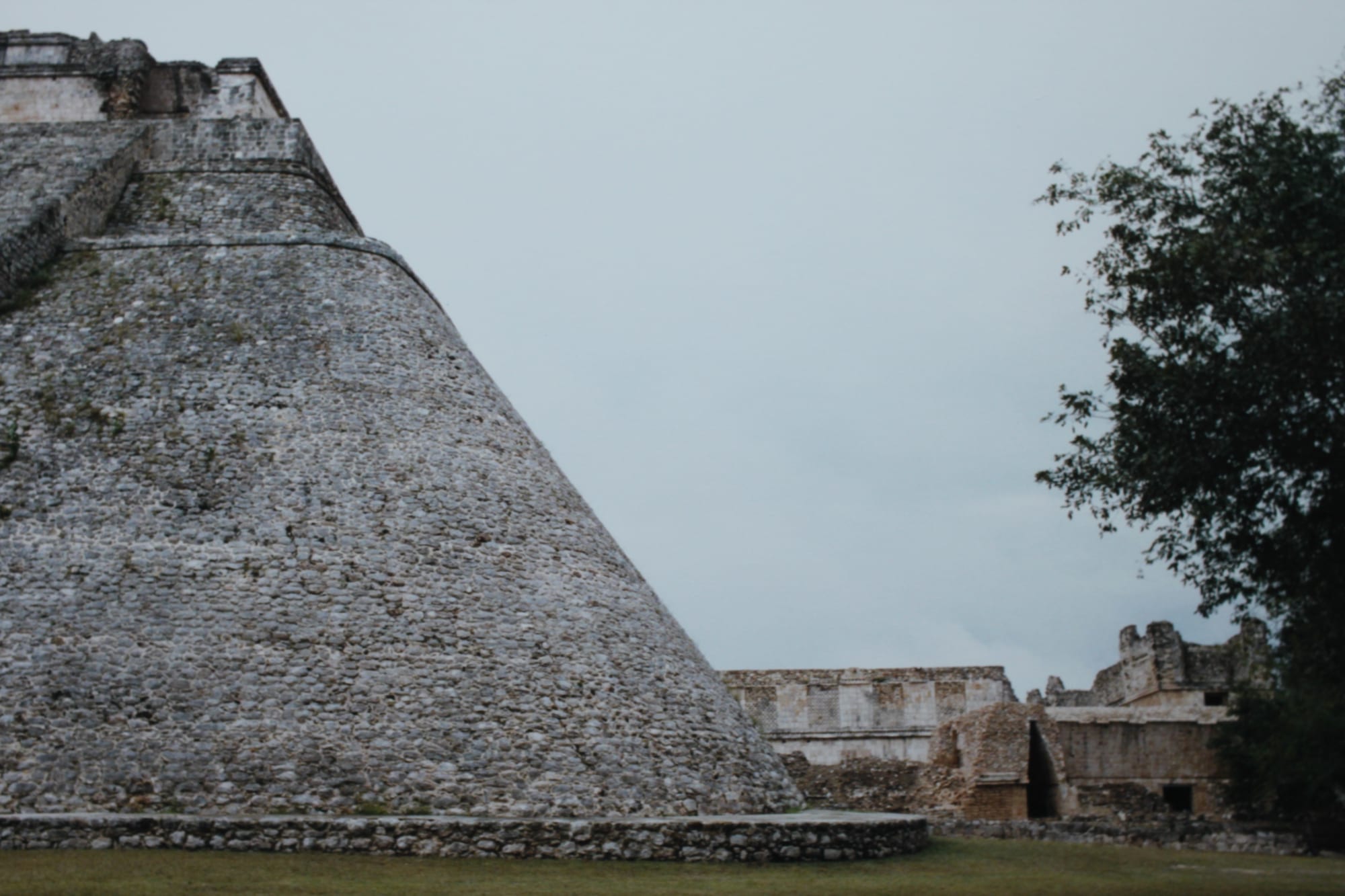 The steep rounded stone side of a Maya pyramid on a lawn, with ruined stone buildings and a tree to the right under a grey sky