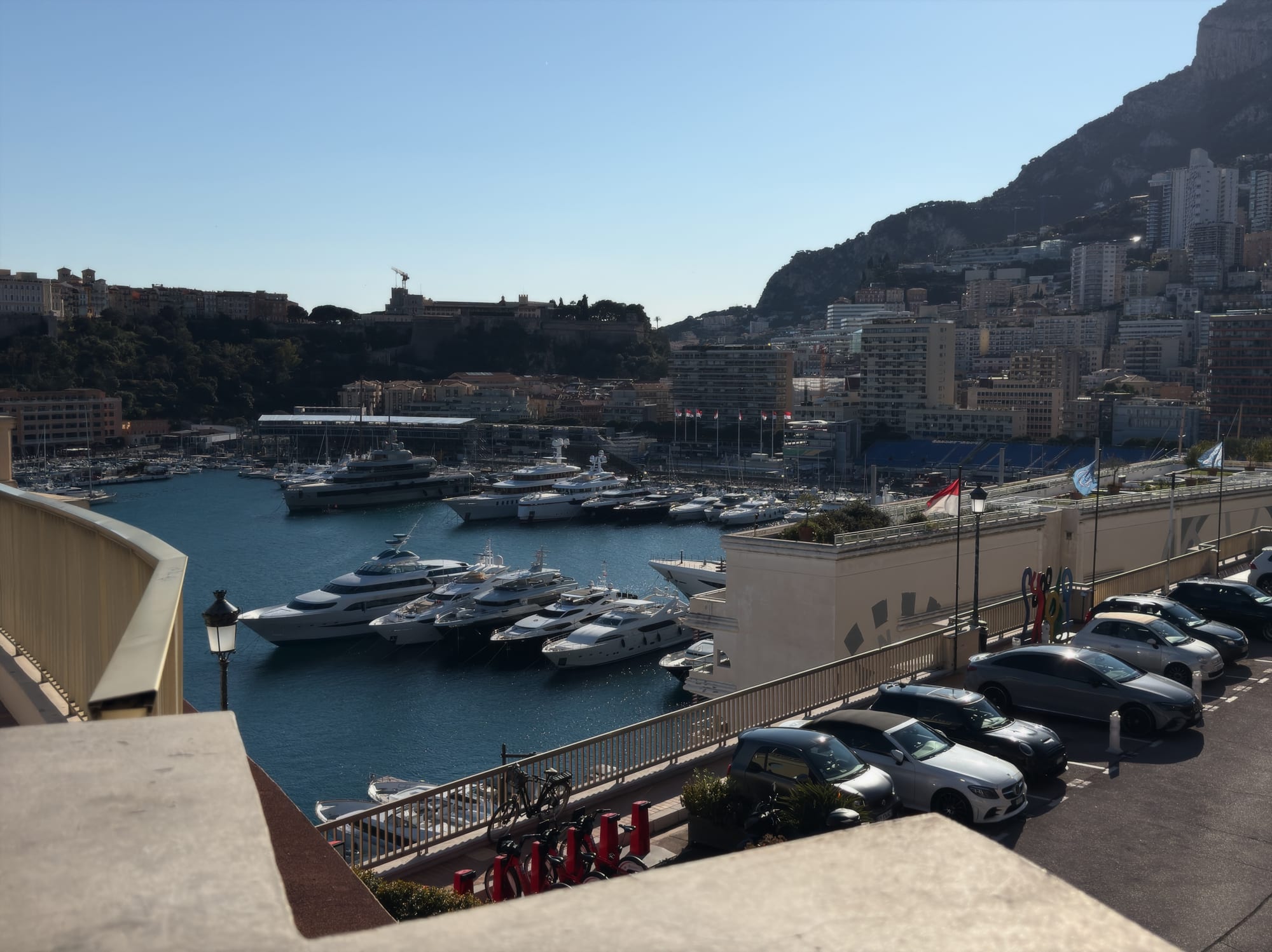 A harbour packed with white yachts, backed by a wall of high-rise apartment towers, with a headland topped by a palace to one side