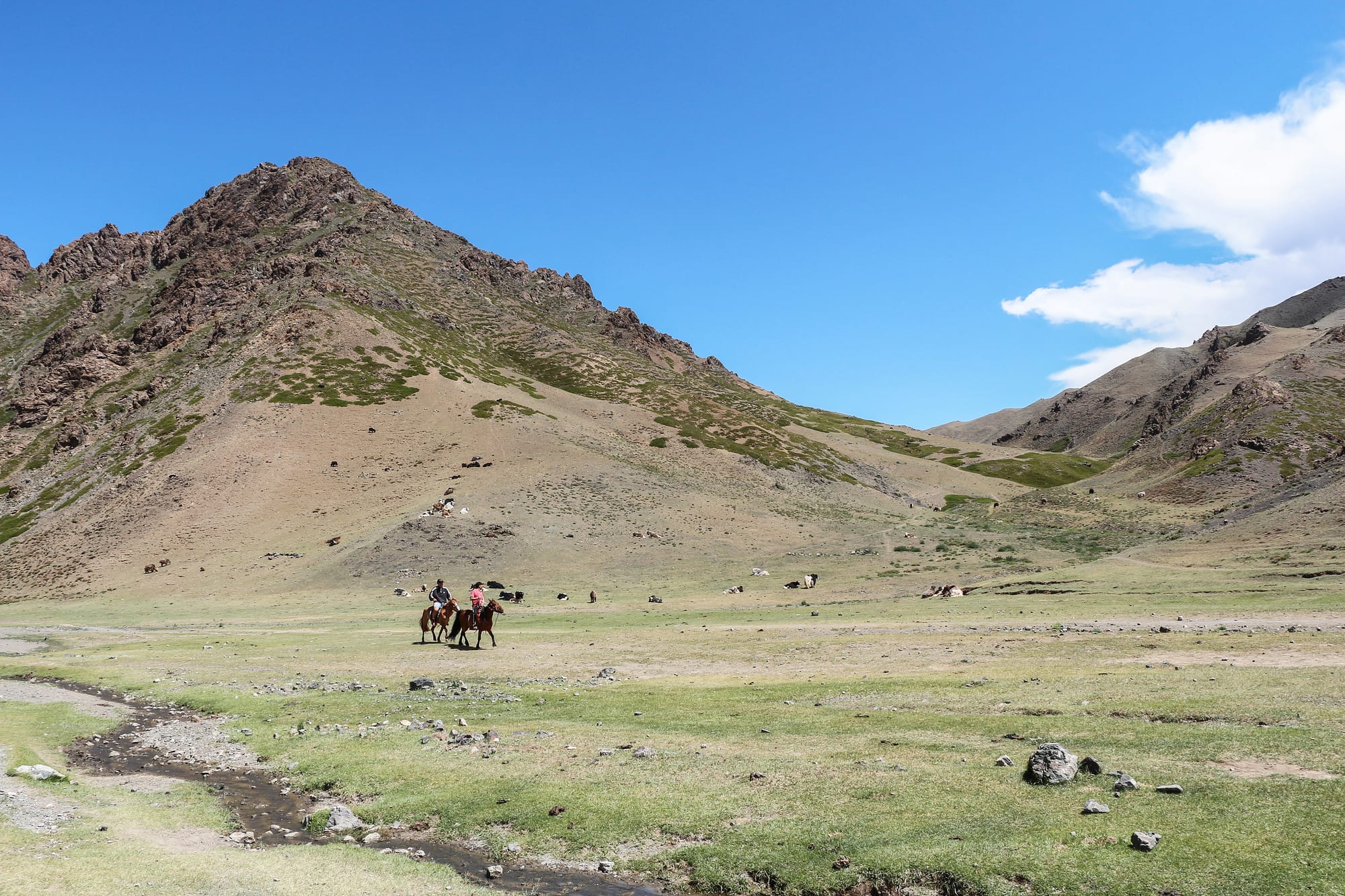 Two riders on horseback crossing a grassy valley floor beside a stream, with rocky brown mountains and grazing animals behind