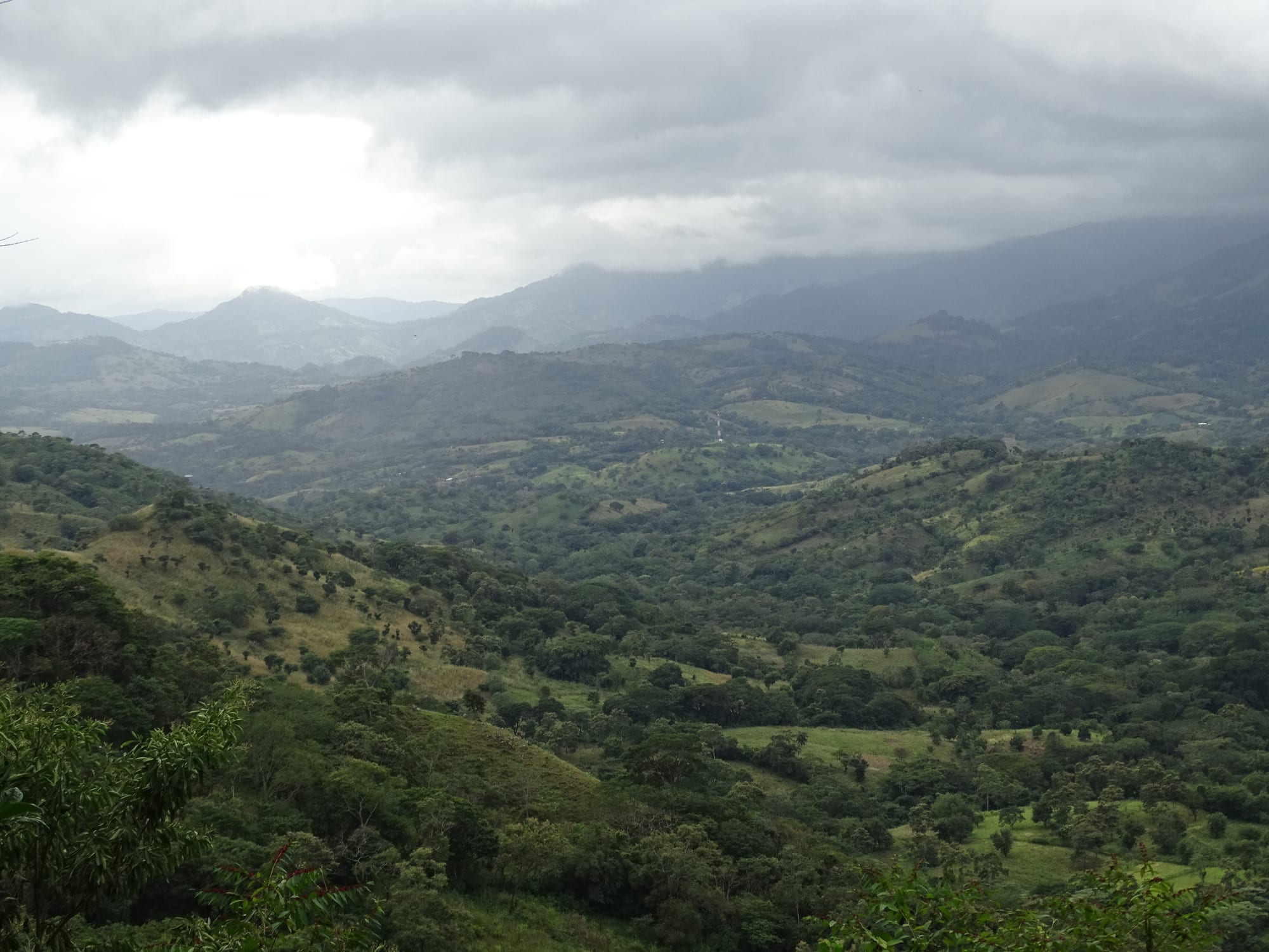 Green forested hills and farmland folding away towards cloud-capped mountains under a grey sky