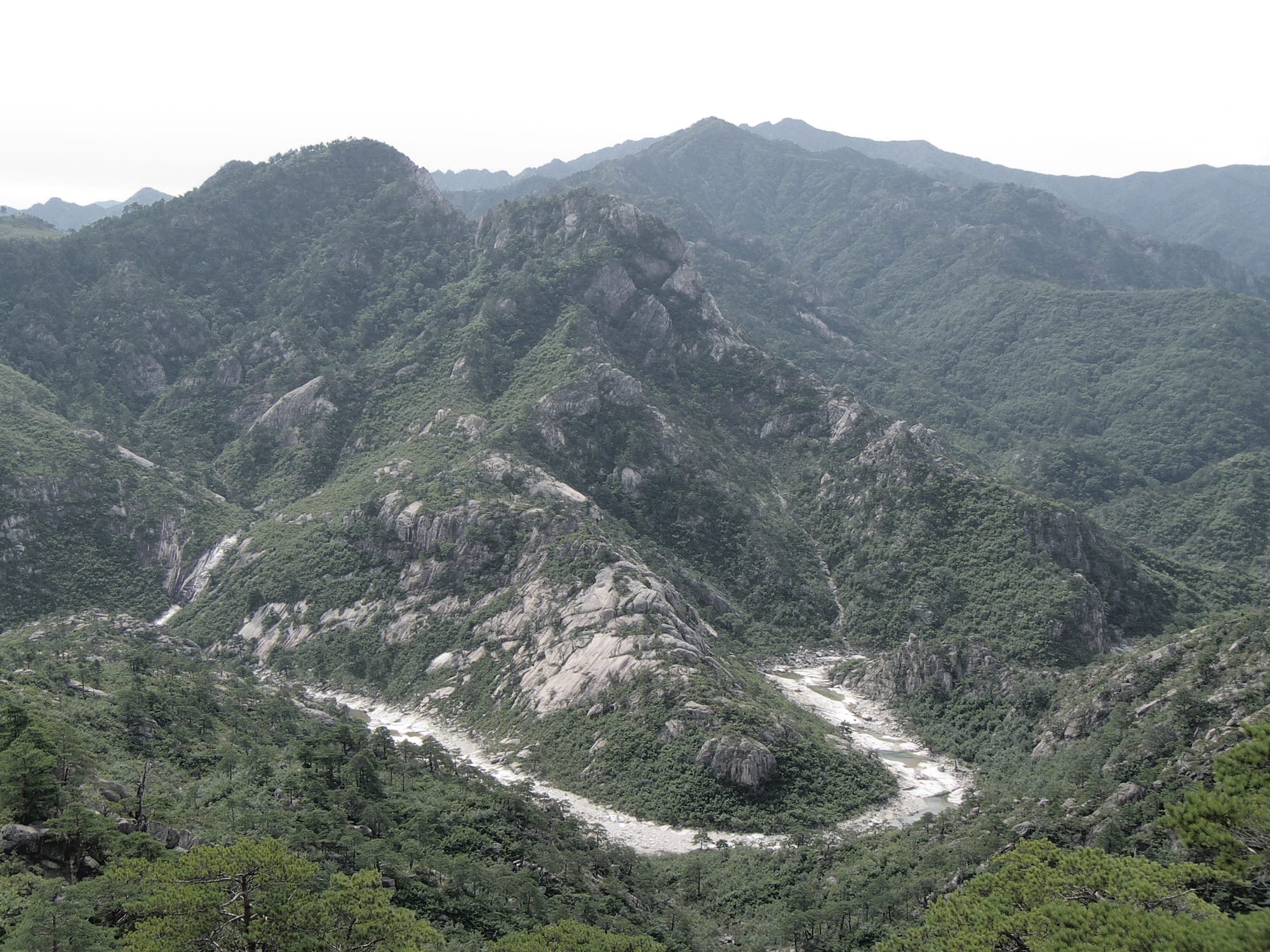 Forested granite mountains with pale rock outcrops above a river winding through a deep green valley