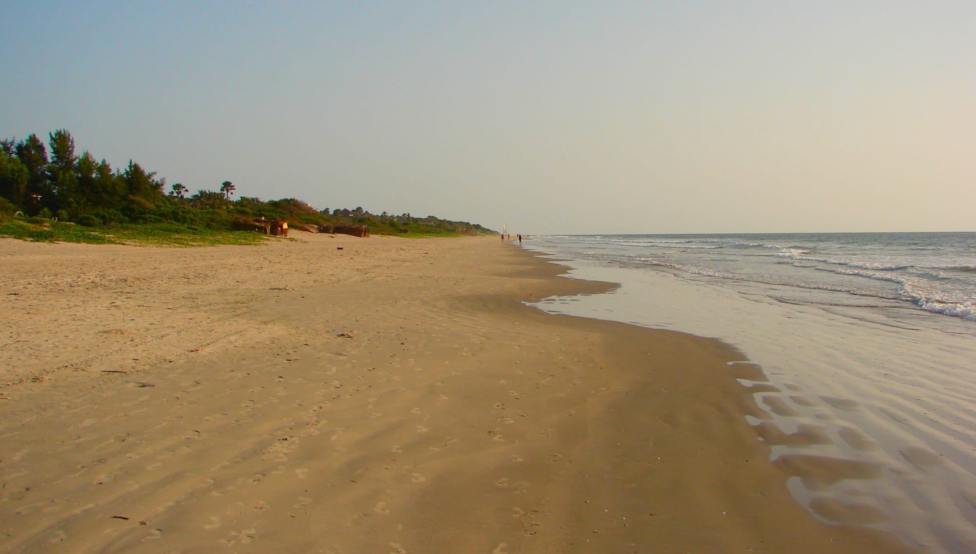 A wide, empty sandy beach with gentle waves on the right and low green trees and palms along the shore