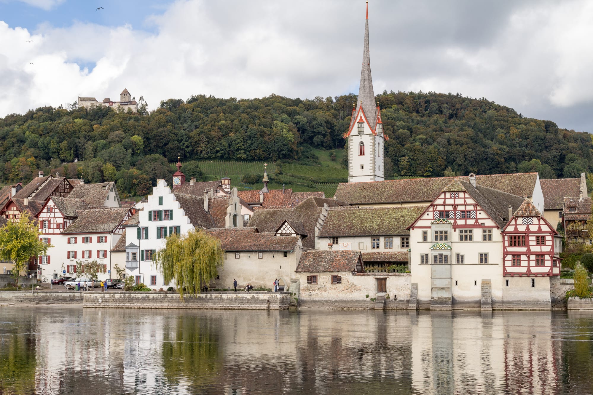 Half-timbered and whitewashed houses and a tall church spire along a calm river, with vineyards, wooded hills and a hilltop castle behind