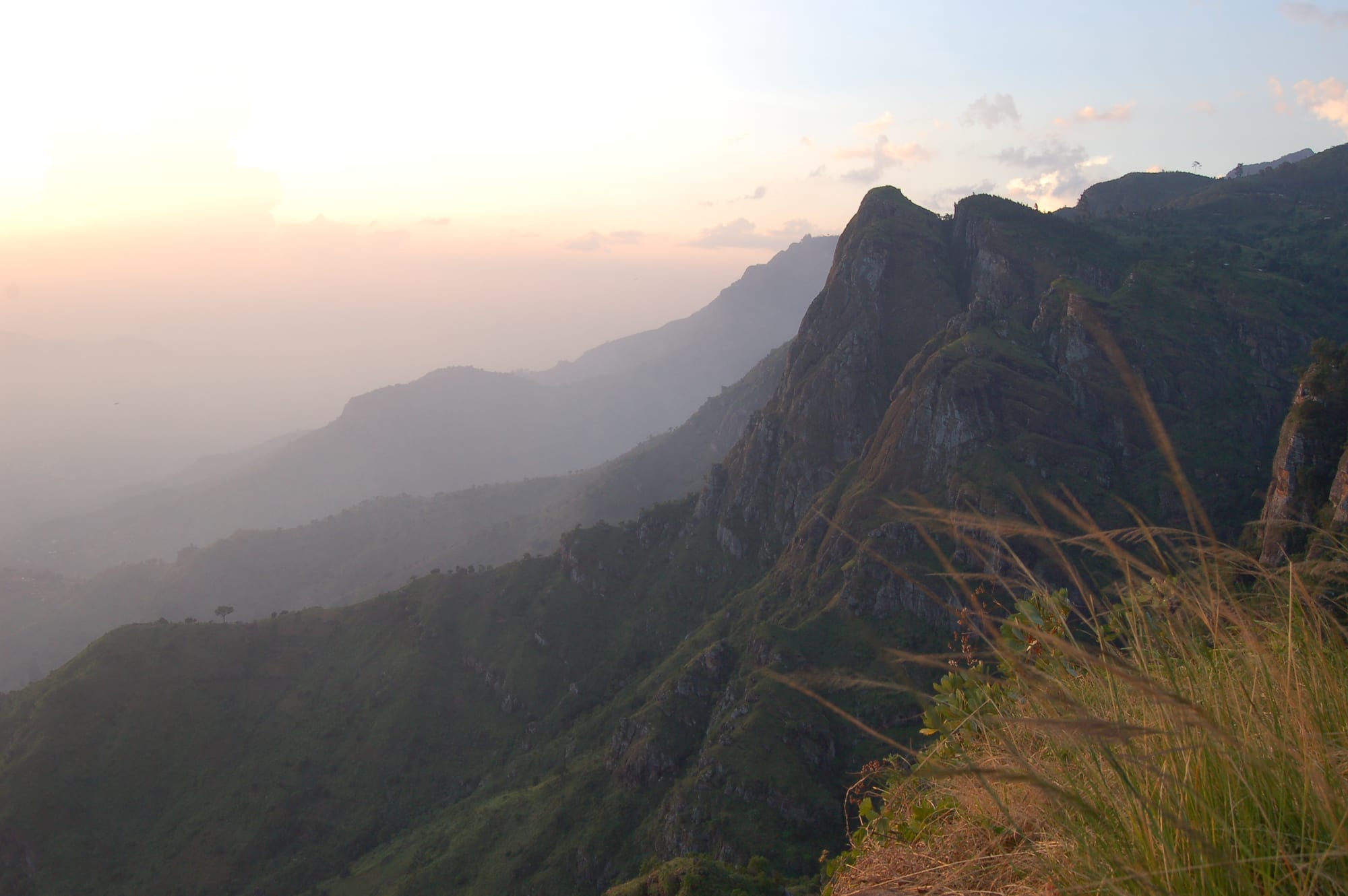 Steep green ridges and rocky cliffs of the Usambara Mountains fading into a hazy evening sky, with tall grass in front