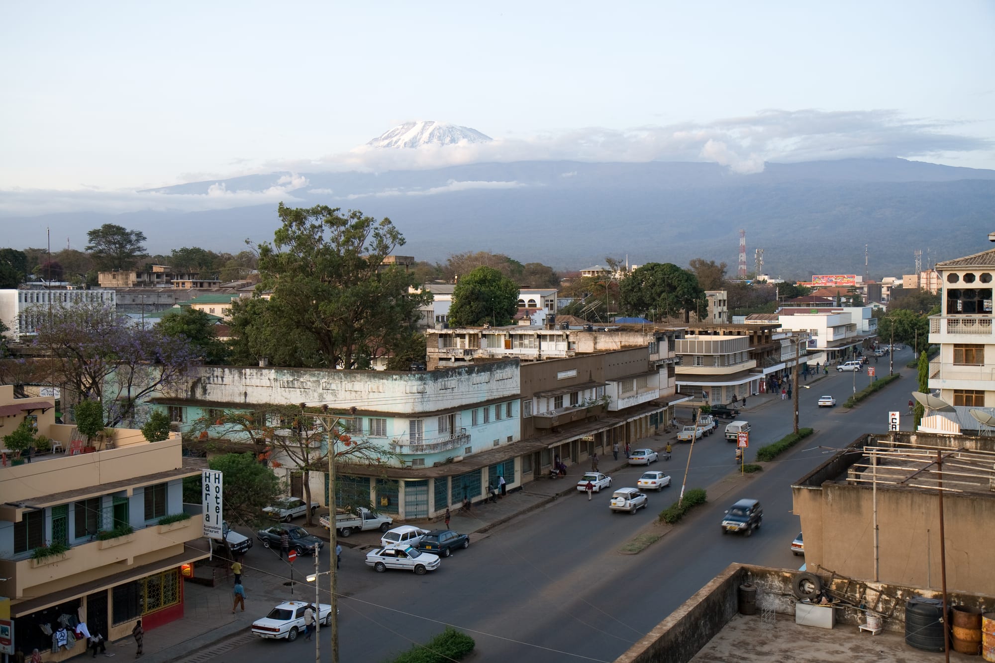 A street of low buildings in Moshi with trees in the foreground and the snow-capped summit of Kilimanjaro above the clouds