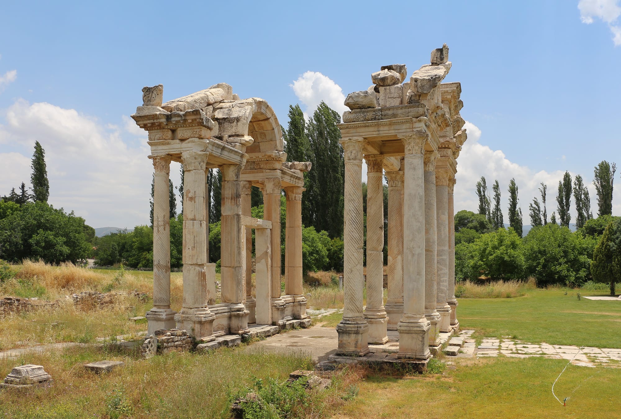 A ruined monumental gateway of carved marble columns with spiral fluting, standing in a grassy field ringed by tall poplar trees