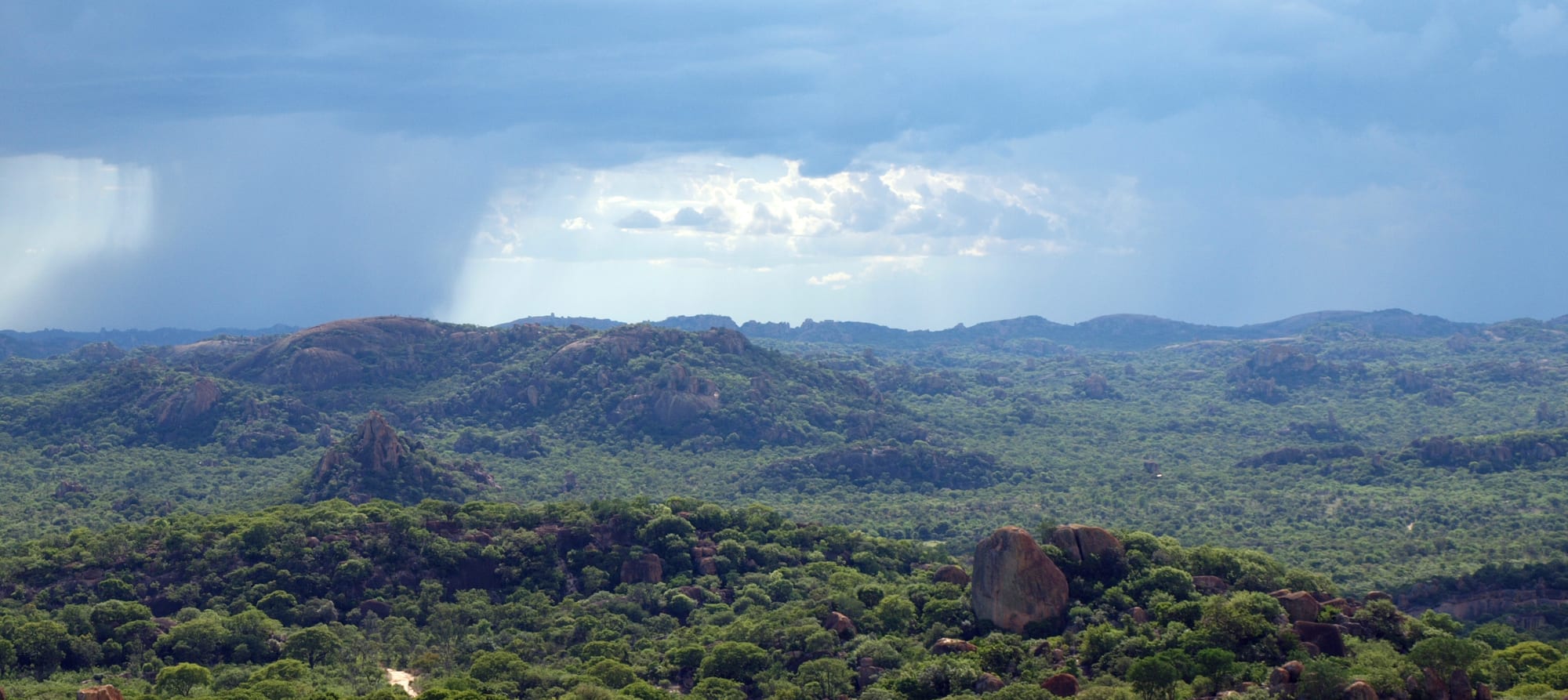 Wooded granite hills and domes stretching to the horizon under dark rain clouds with a shaft of light